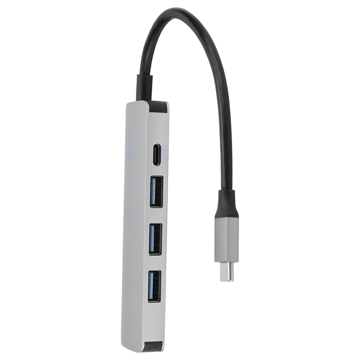 Silberner USB-Hub mit USB-C und mehreren USB-Anschlüssen, schwarzes Kabel.
