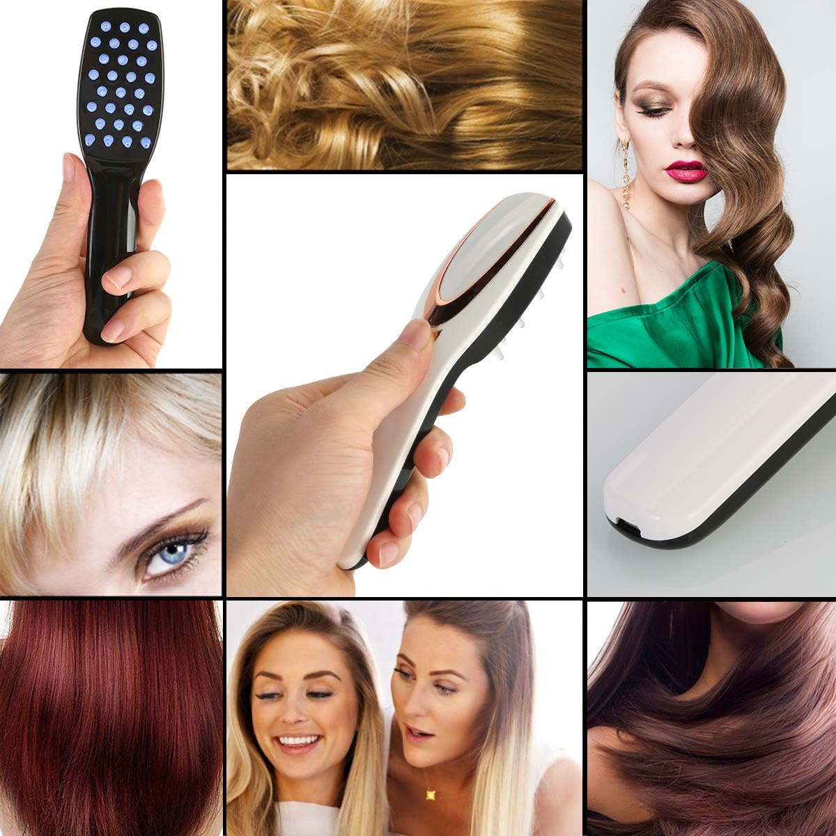 Eine Collage von Bildern mit Haaren und Haarpflegeprodukten, darunter eine Laser-Haarbürste und verschiedene Frisuren.