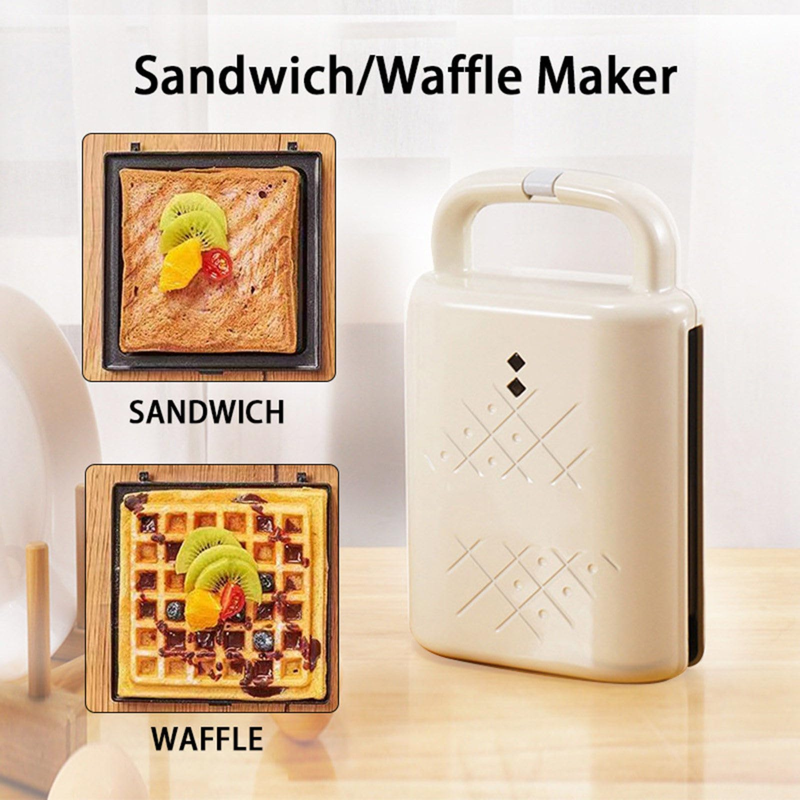 Sandwich-/Waffeleisen mit Waffel- und Sandwich-Beispielen auf Holz, weißer Hintergrund.