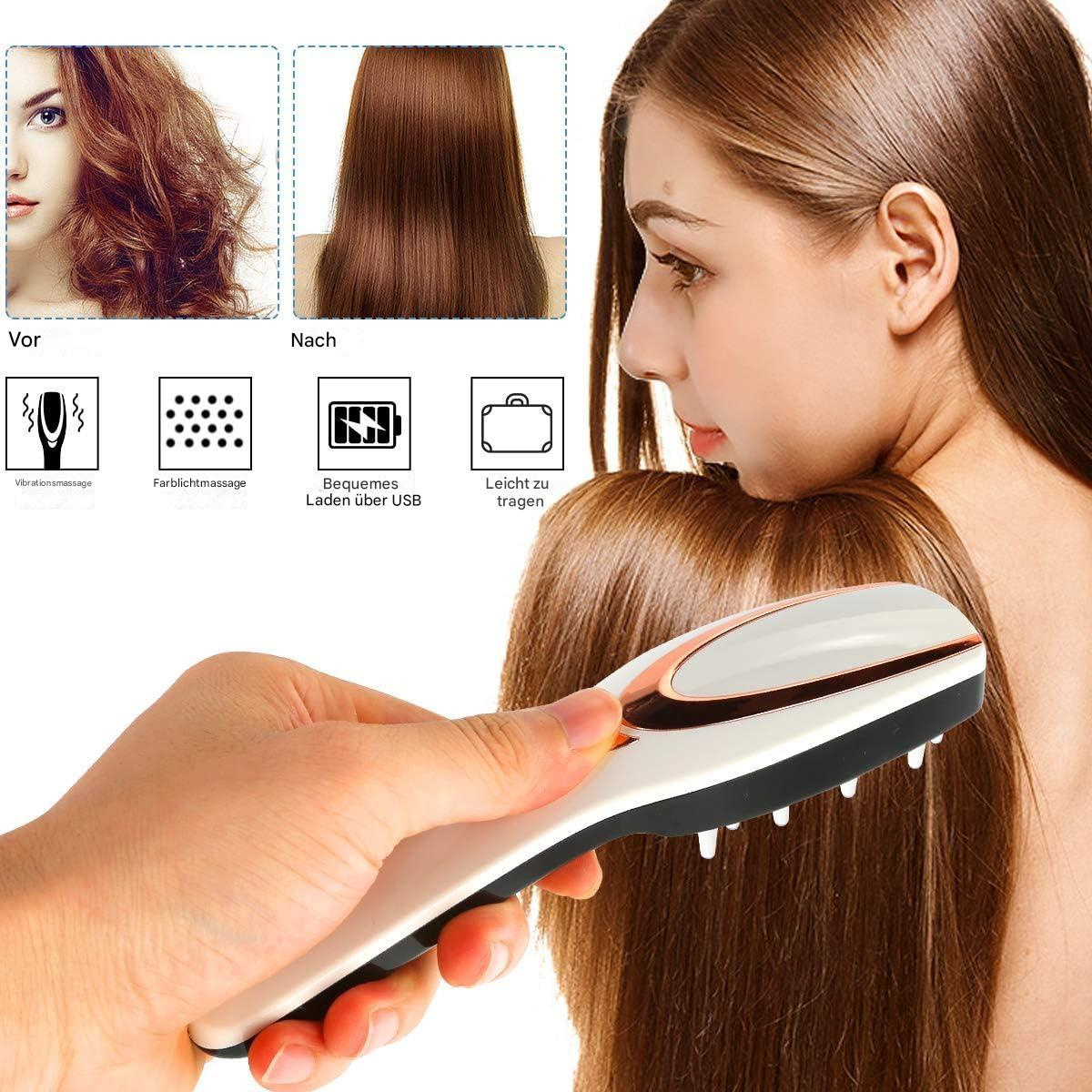 Eine Frau mit langen Haaren, die eine Haarbürste hält. Das Bild zeigt Vorher-Nachher-Haarbehandlung.