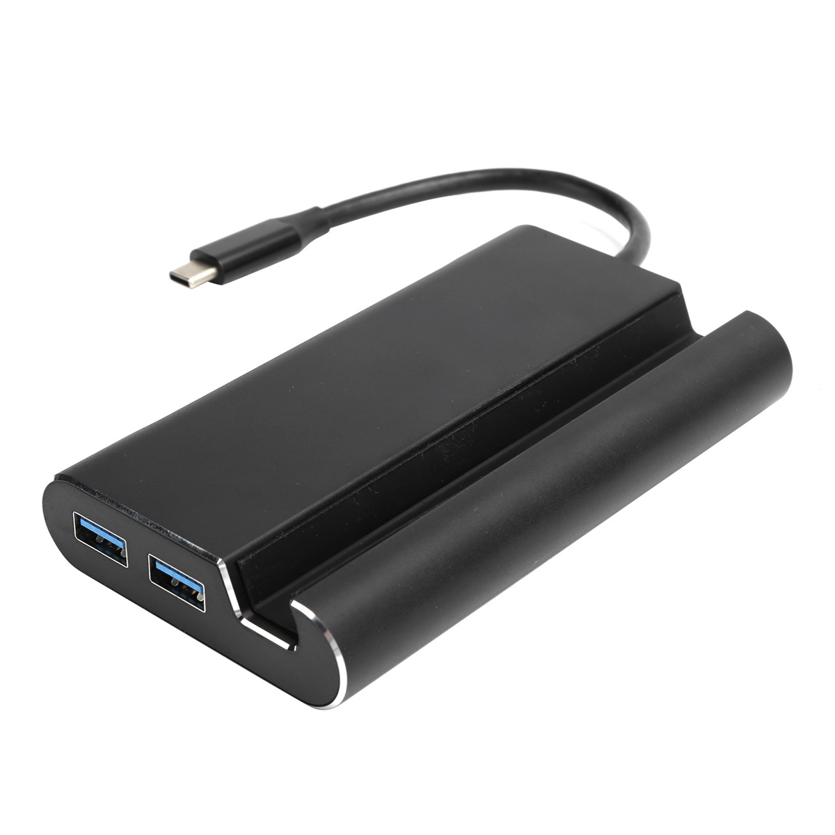 Schwarzer USB-C-Hub mit zwei USB-Anschlüssen und einem Ständer. Er ist leicht abgewinkelt.