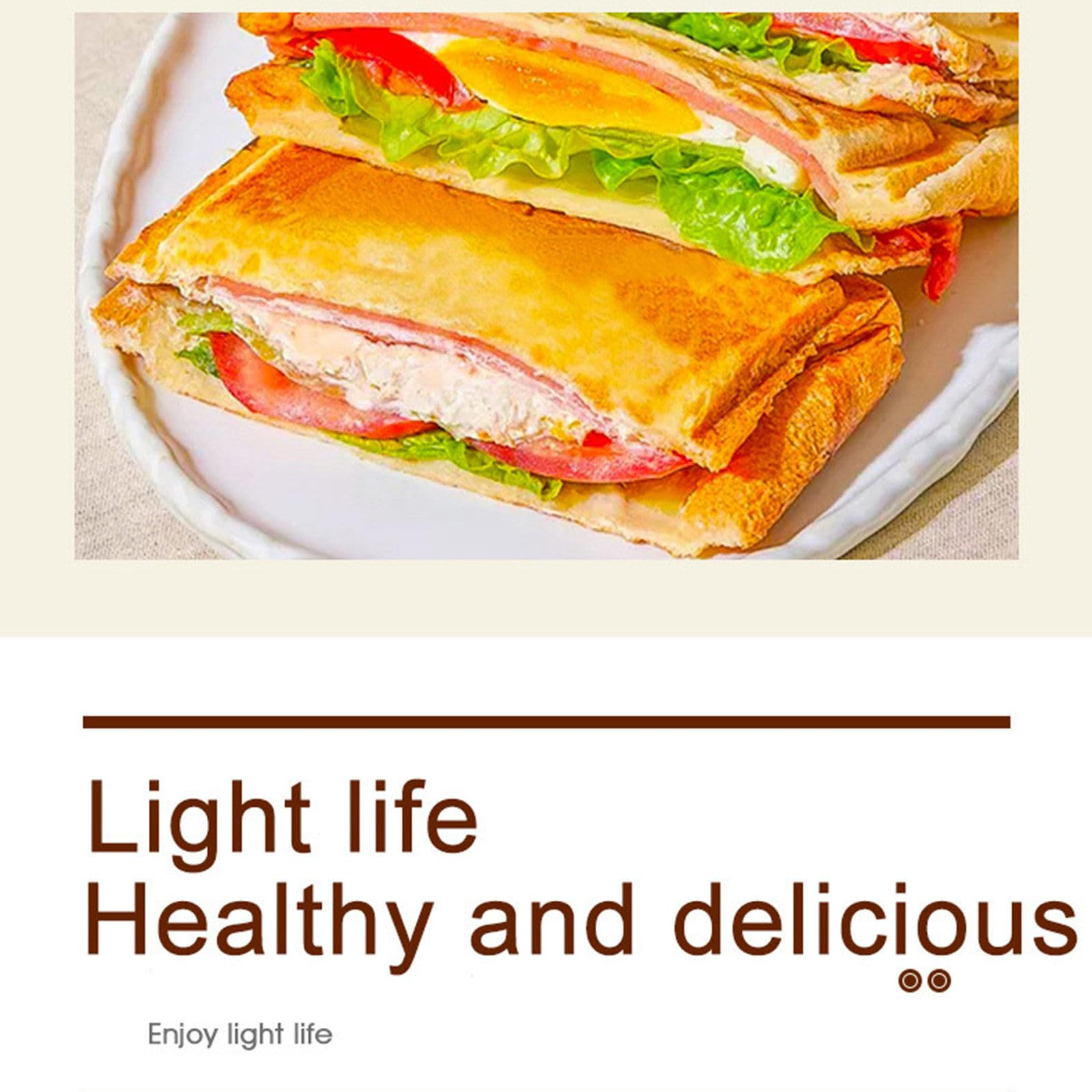 Zwei Sandwiches auf einem Teller. Das obere Sandwich hat ein Ei und eine Tomate. Text: Leichtes Leben. Gesund und lecker.