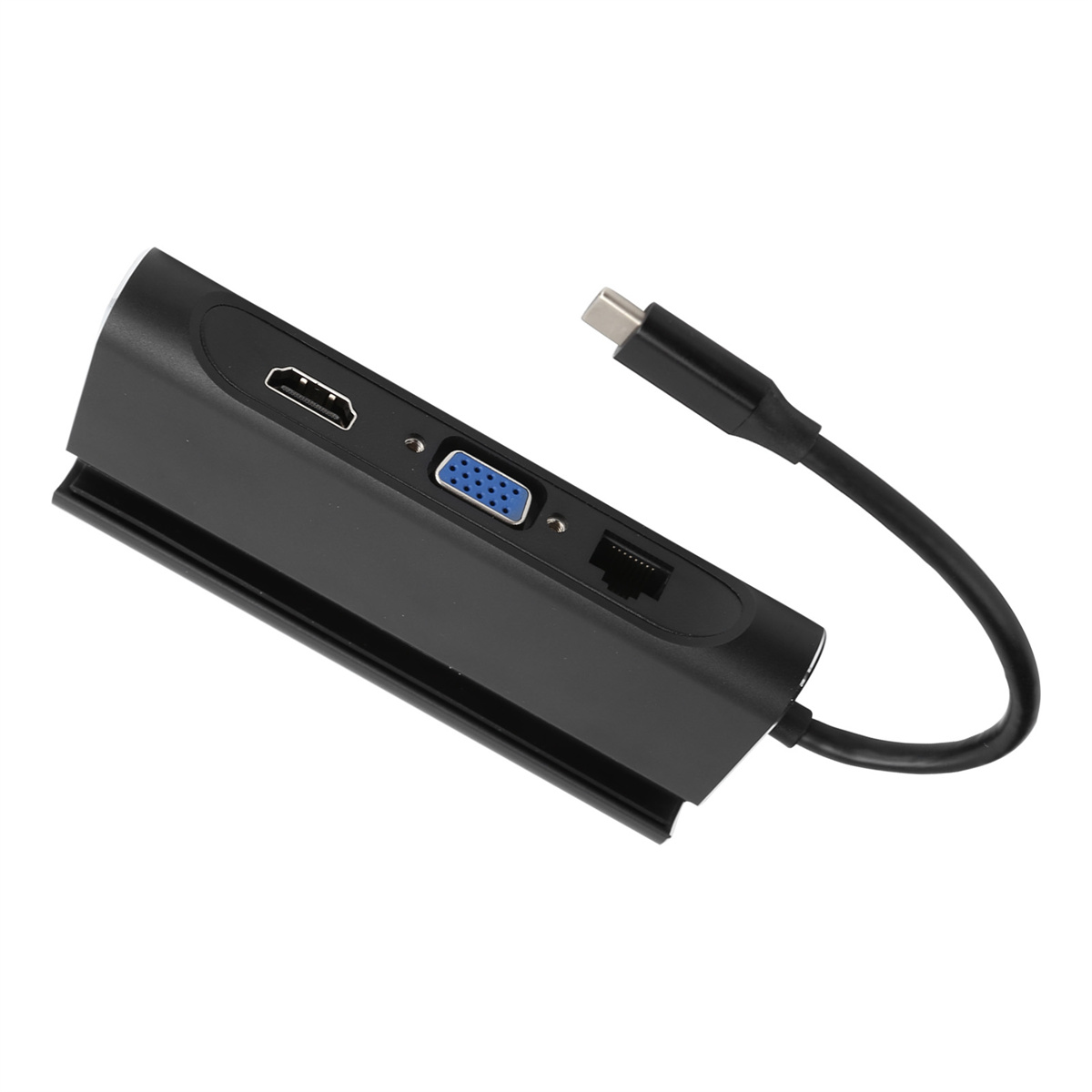 Schwarzer Multiport-Adapter mit HDMI-, VGA- und Ethernet-Anschlüssen und einem USB-C-Kabel.