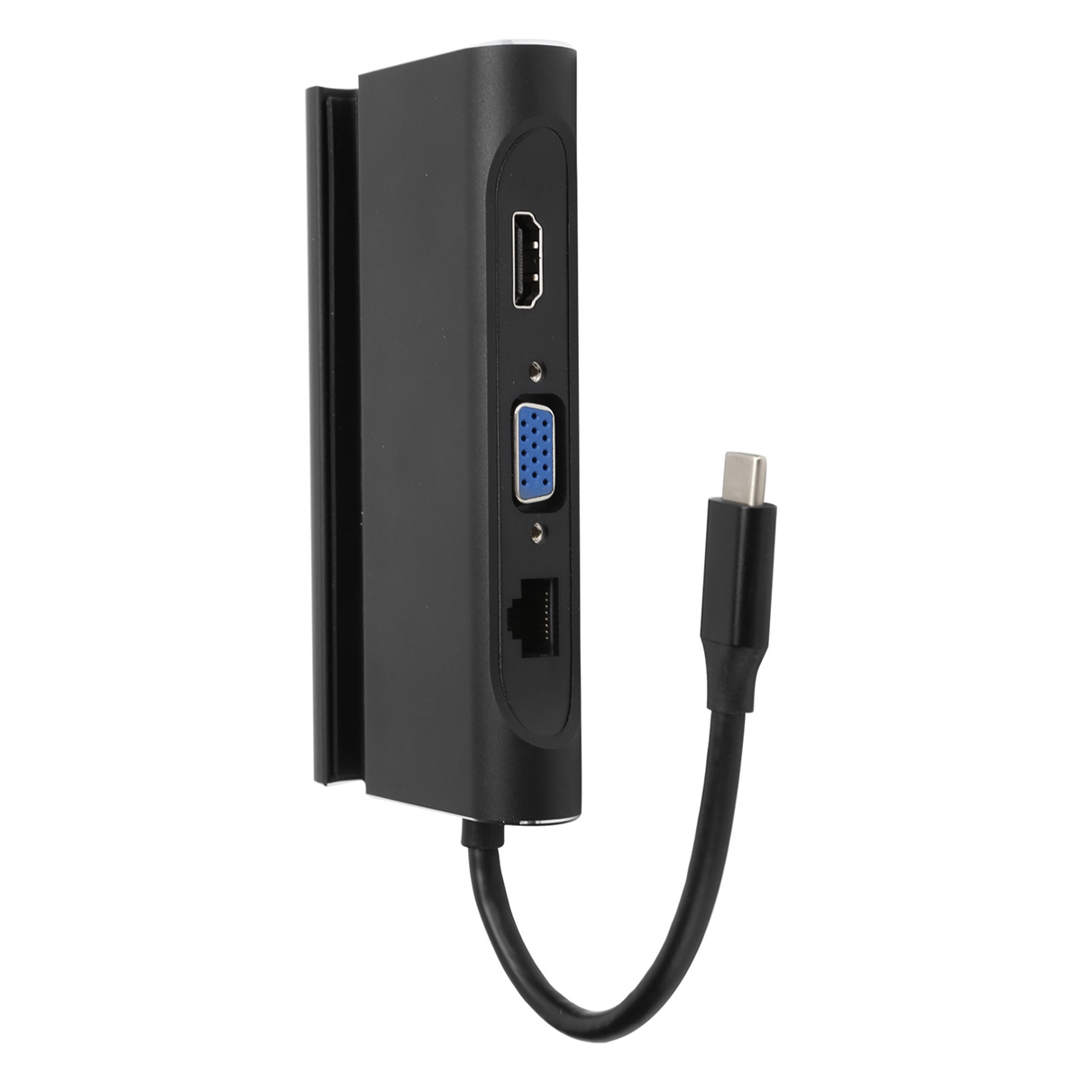 Ein schwarzer Adapter mit HDMI, VGA und Ethernet Anschlüssen sowie einem USB-C-Kabel.