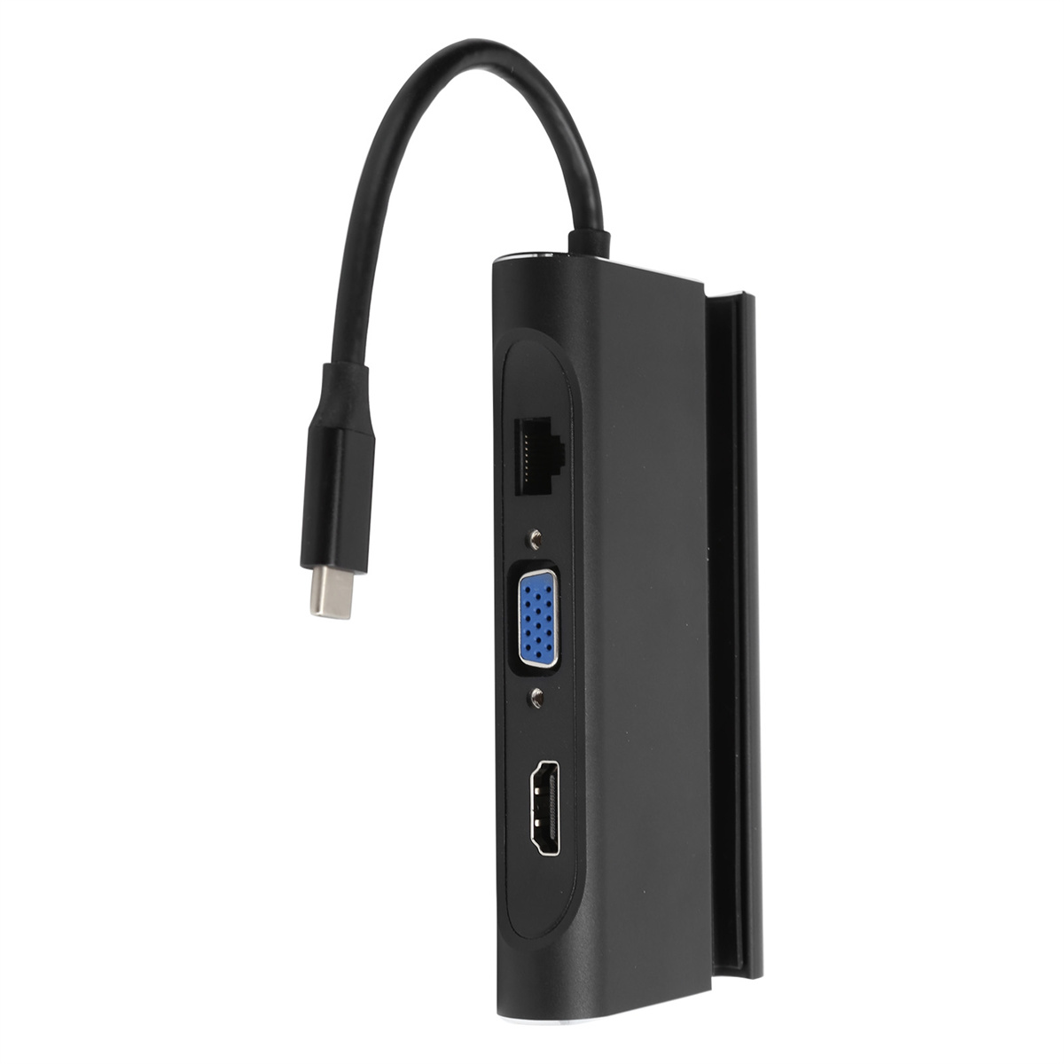 Schwarzer Adapter mit mehreren Anschlüssen und einem USB-C-Kabel auf weißem Hintergrund.