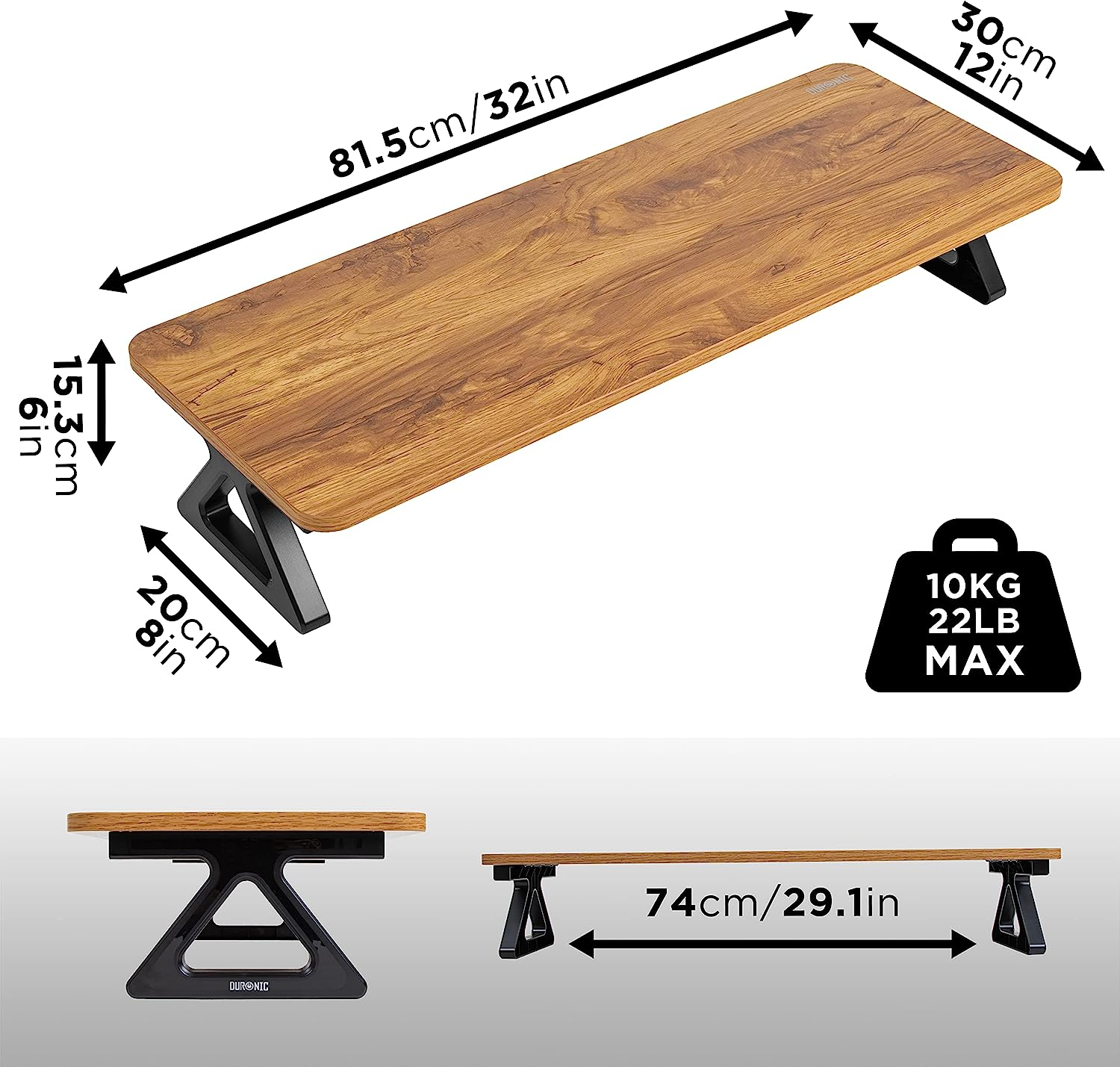 Holz-Schreibtischerhöhung mit Maßen. Text: 81,5 cm/32 Zoll, 15,3 cm/6 Zoll, 20 cm/8 Zoll und 74 cm/29,1 Zoll. Max. Gewicht 10 kg/22 lb.