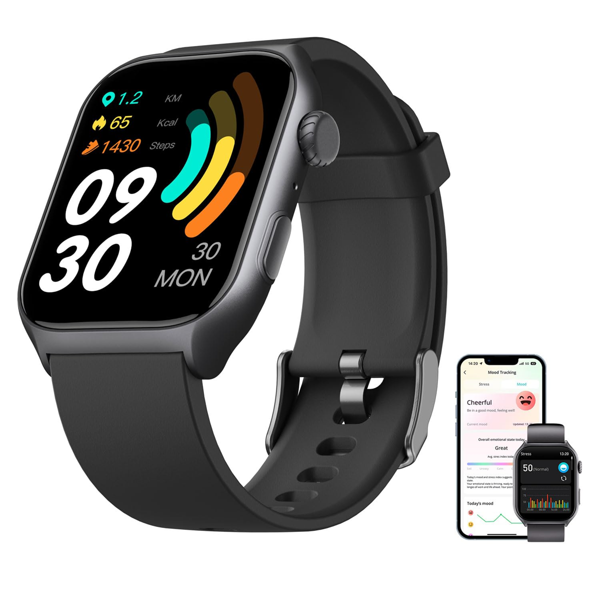 Schwarze Smartwatch mit Datendisplay. Weißer Hintergrund.