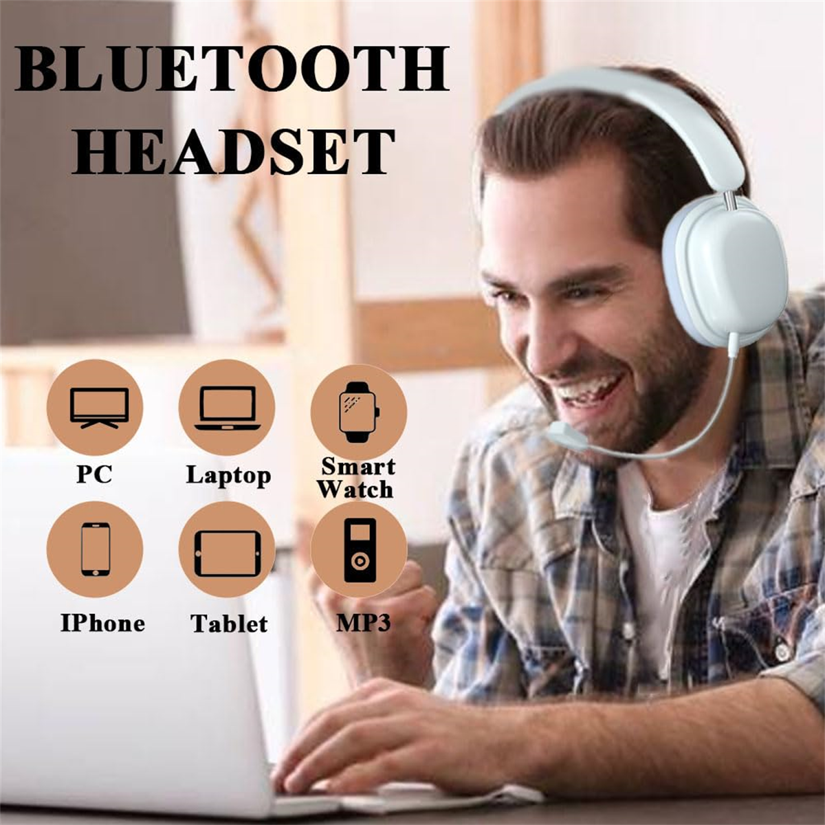 Mann trägt weiße Kopfhörer. Icons zeigen PC, Laptop, Telefon, Tablet und MP3.