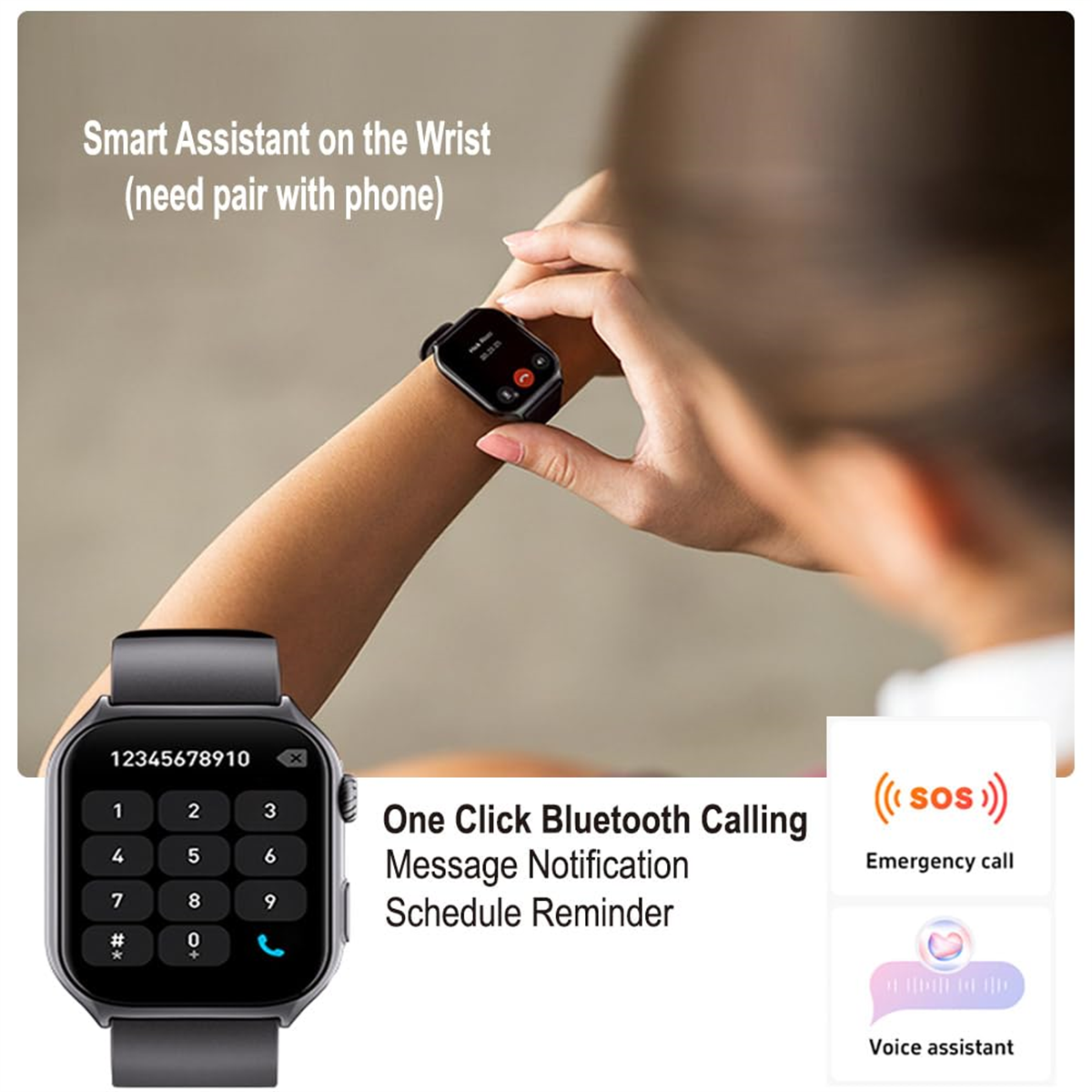 Smartwatch am Handgelenk mit Telefonwählgerät. Text über Bluetooth-Anrufe und Nachrichtenbenachrichtigungen.
