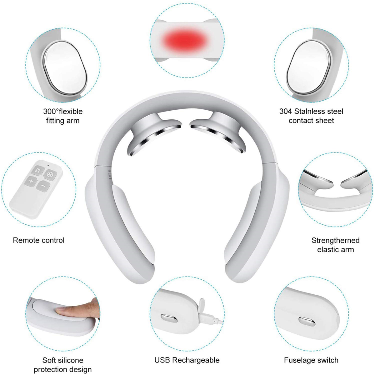 Ein weißes Nackenmassagegerät mit verschiedenen beschrifteten Komponenten: Fernbedienung, flexible Arme und USB-Aufladung.
