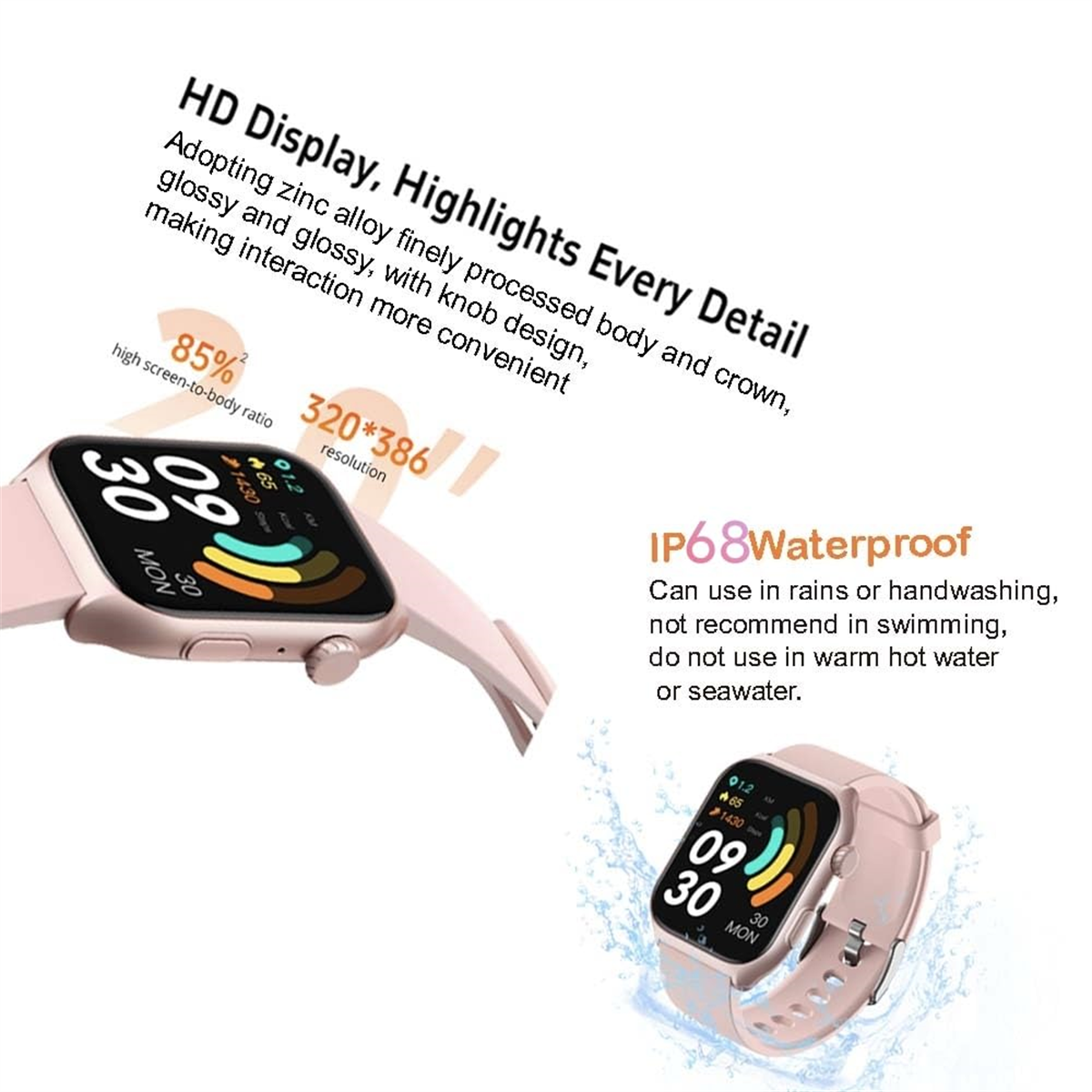 Eine rosa Smartwatch mit Herzfrequenzanzeige und Text über Funktionen auf weißem Hintergrund.