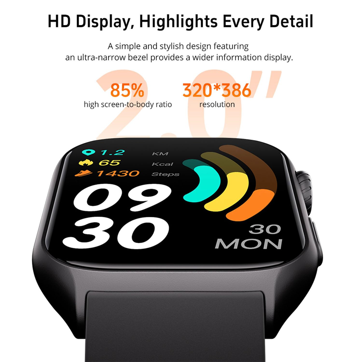 Smartwatch zeigt Daten: Zeit, Schritte, Kalorien und Distanz. Schwarzes Armband, Nahaufnahme.