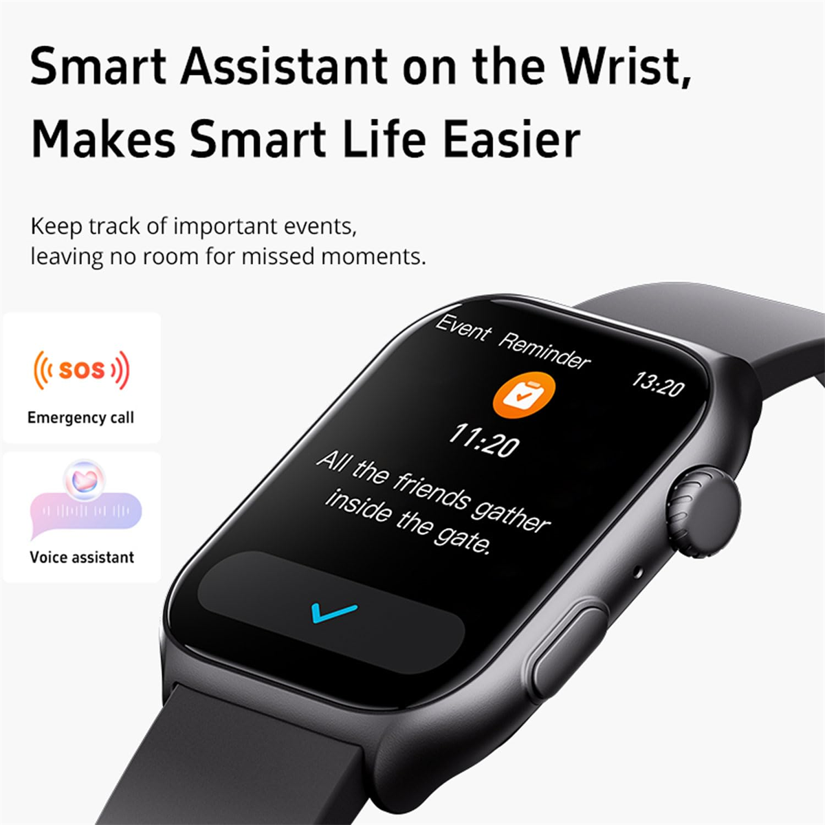 Eine Smartwatch zeigt eine Ereigniserinnerung an. Die Uhr ist schwarz.