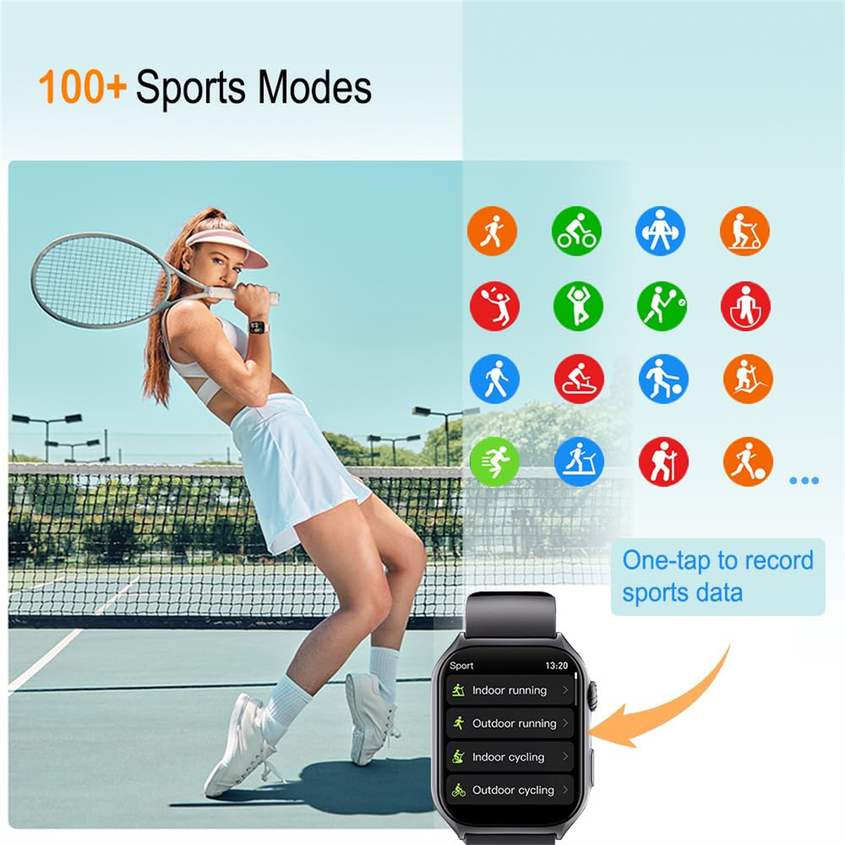 Eine Frau spielt Tennis mit einer Smartwatch, die Sportmodi und Symbole auf einem Tennisplatz anzeigt.