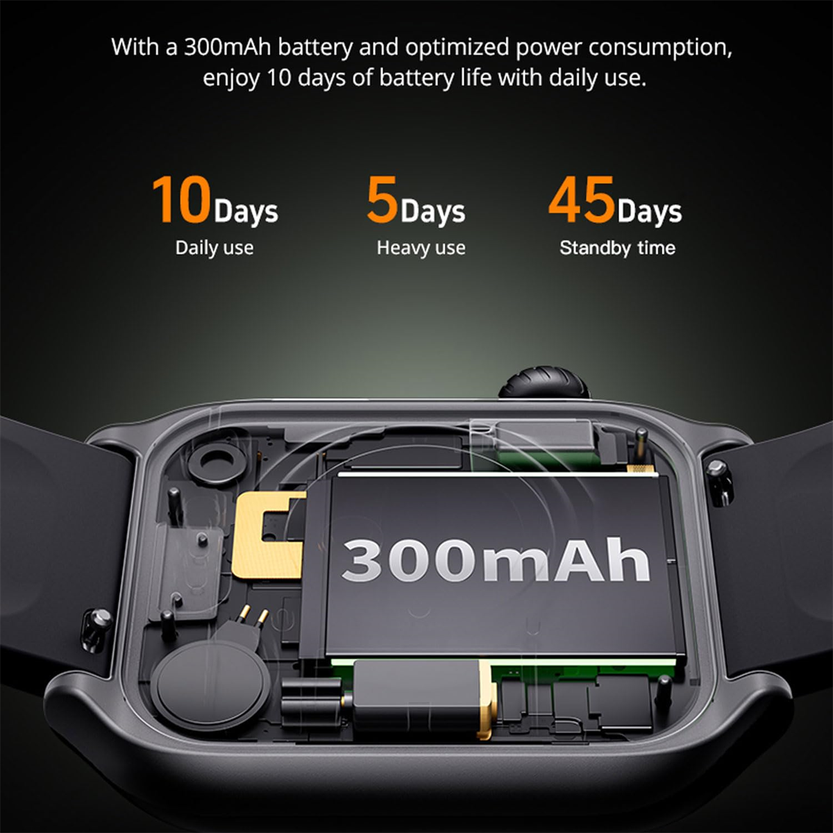 Smartwatch-Anzeige mit Batterieinformationen. 10 Tage Nutzung, 5 Tage intensiver Gebrauch, 45 Tage Standby. Akku 300mAh.