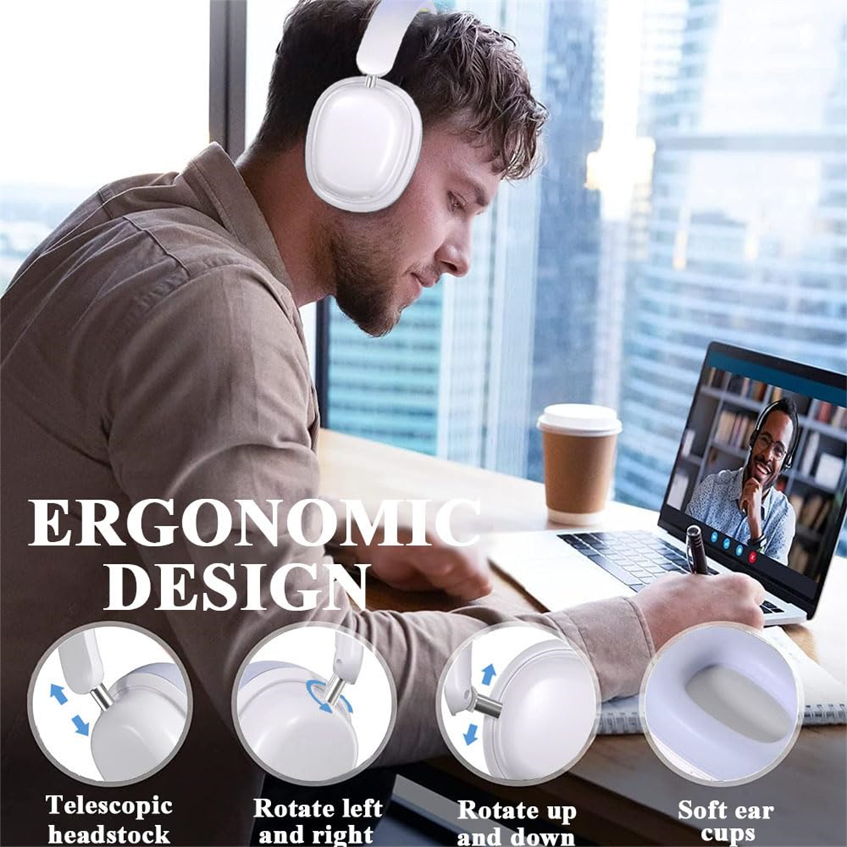 Ein Mann mit weißen Kopfhörern, Laptop mit Videoanruf, Diagramme von Kopfhörern.