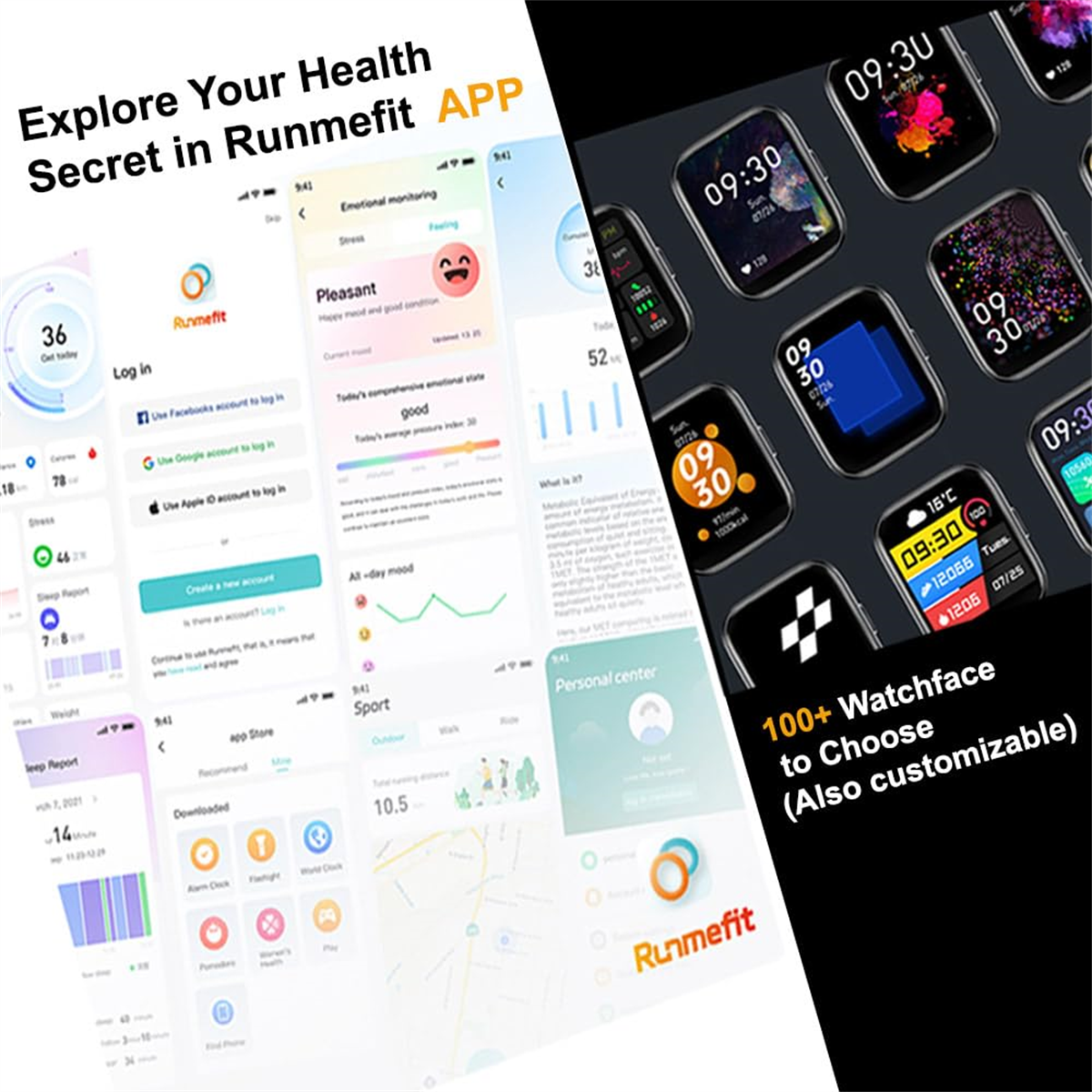 Screenshots einer Fitness-App mit Datendisplays und Smartwatch-Oberflächen.