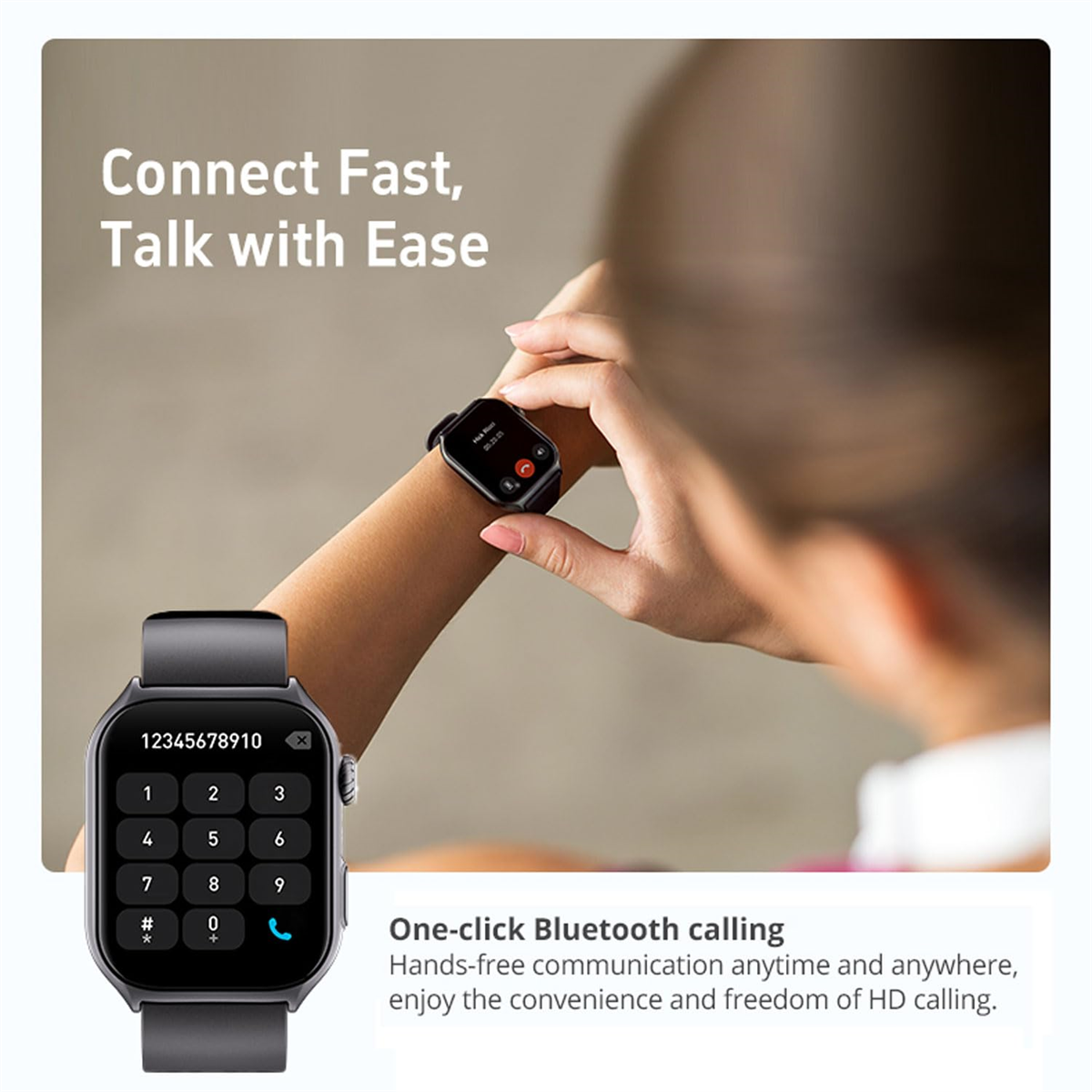 Frau mit Smartwatch. Die Uhr zeigt eine Tastatur und einen Telefonbildschirm.