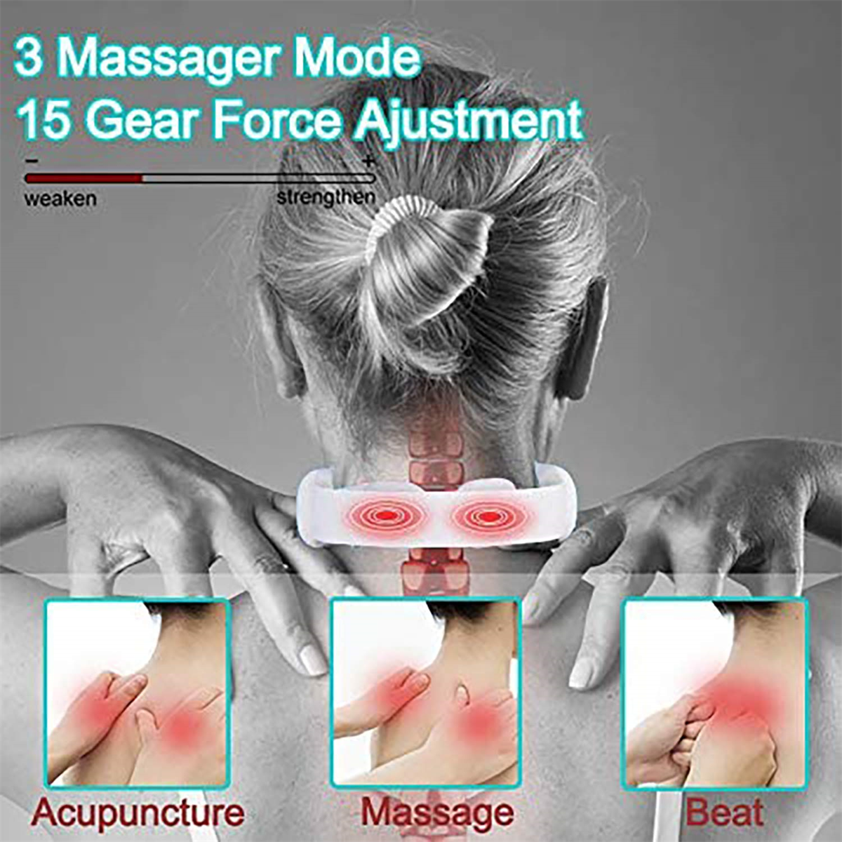 Der Rücken einer Person mit einem Nackenmassagegerät und Diagrammen von Akupunktur, Massage und Beat.