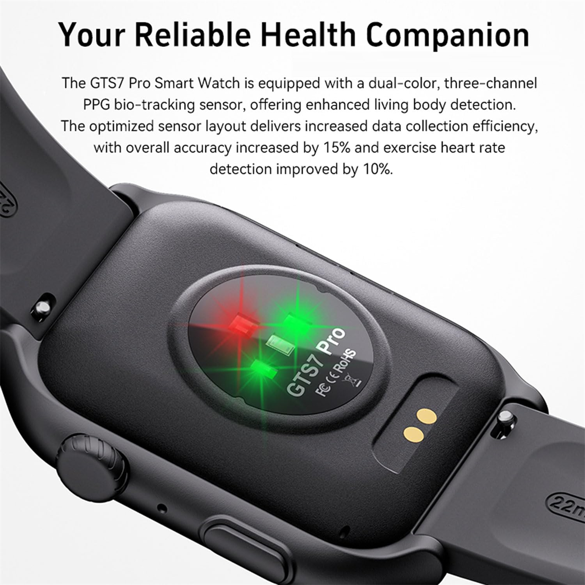 Eine schwarze Smartwatch mit roten und grünen Lichtern, mit Text über ihre Funktionen auf Englisch.