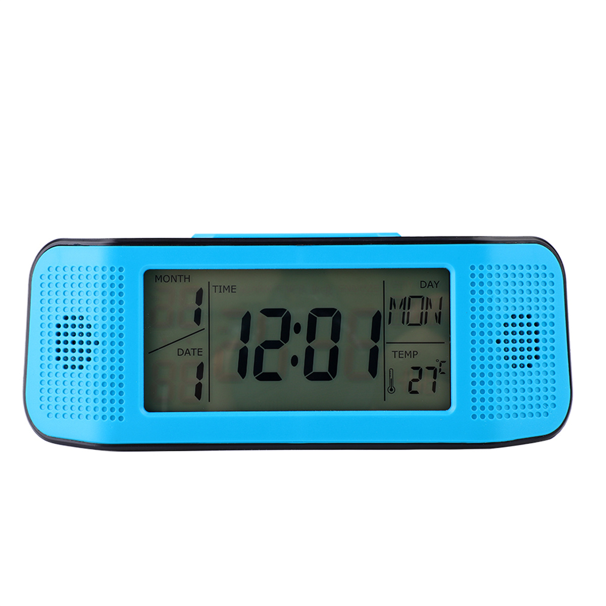 Blauer digitaler Wecker mit Anzeige von Uhrzeit, Datum und Temperatur.