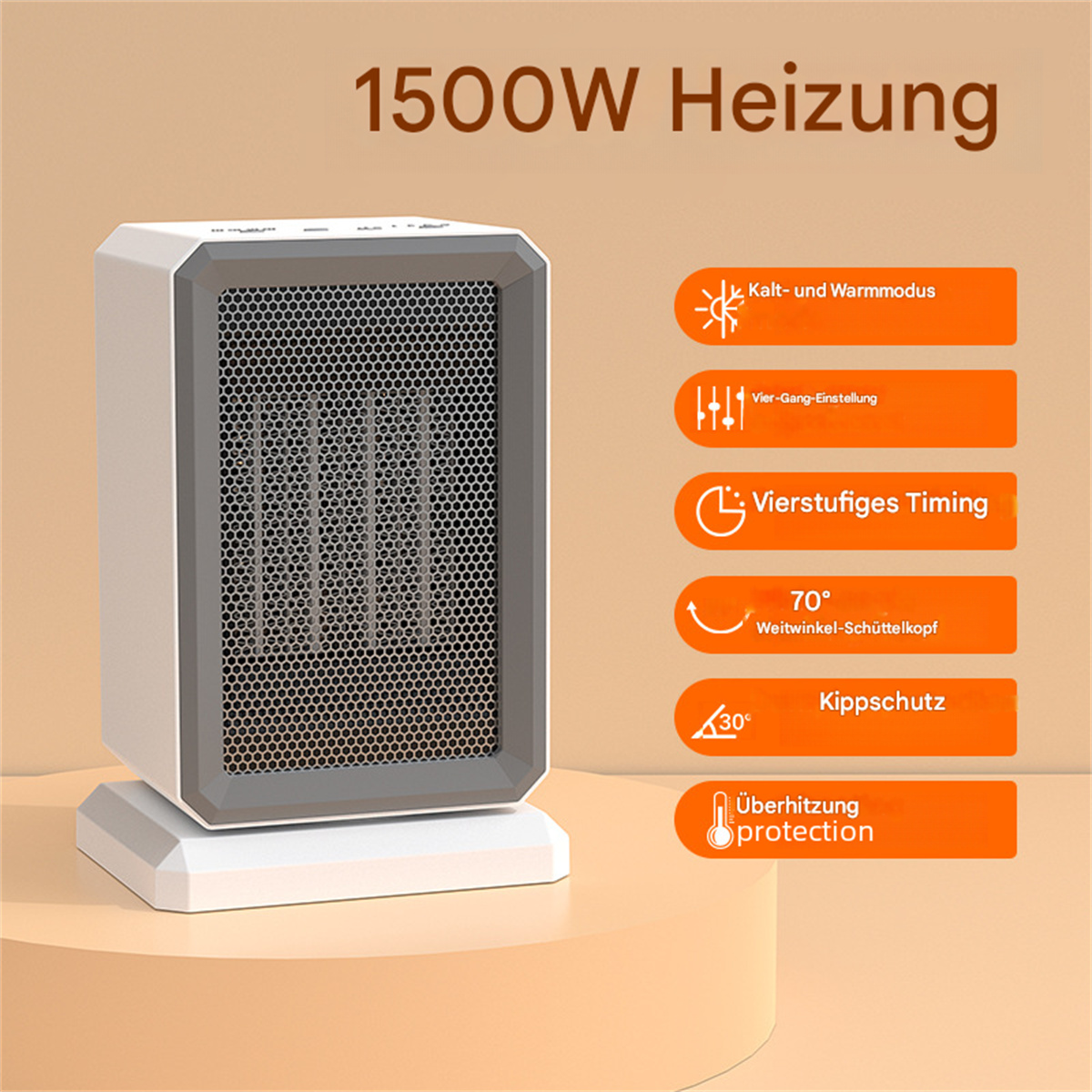 Weiß-graue Heizung mit Symbolen und Text an der Seite. Isoliert auf weißer Oberfläche.