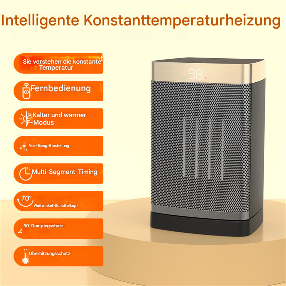 Kleiner Heizlüfter mit Digitalanzeige und Bedienfeld.