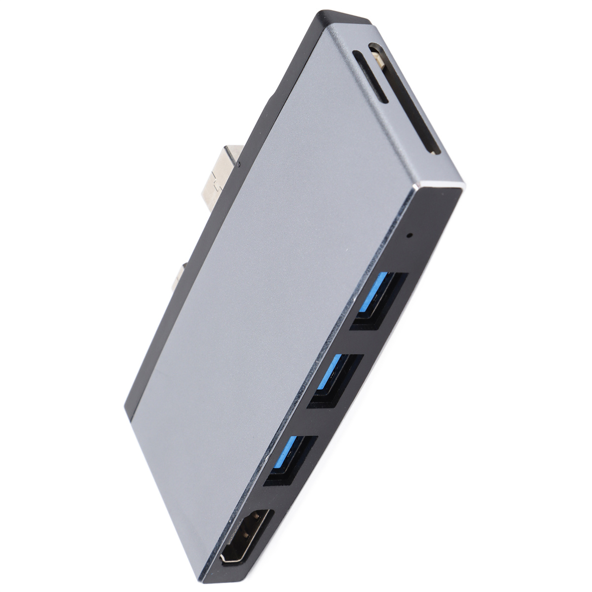Silberner und schwarzer USB-Hub. Er hat mehrere USB-Anschlüsse und einen HDMI-Anschluss.