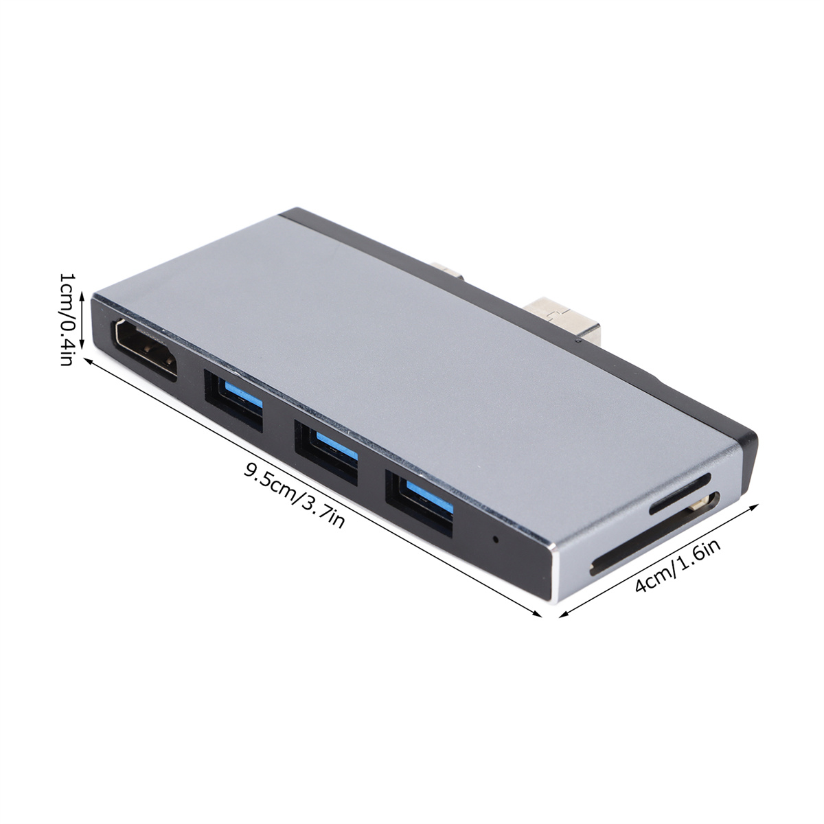 Ein silberner und grauer Hub mit mehreren Anschlüssen. Er hat HDMI, USB und einen Kartenleser.