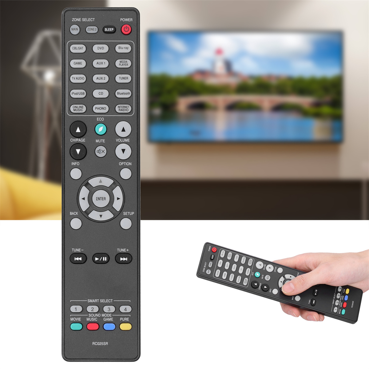 Zwei Fernbedienungen. Eine in der Hand, die andere vor einem Fernseher mit Landschaft.