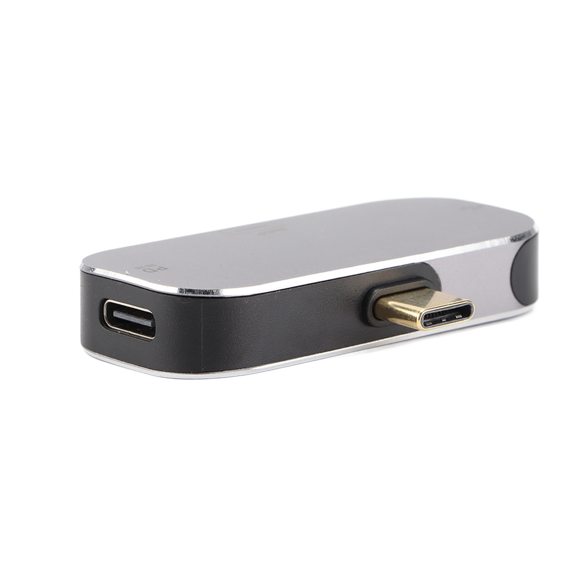 Silberner und schwarzer USB-C-Hub. Er hat USB-A- und USB-C-Anschlüsse. Isoliert auf weißem Hintergrund.