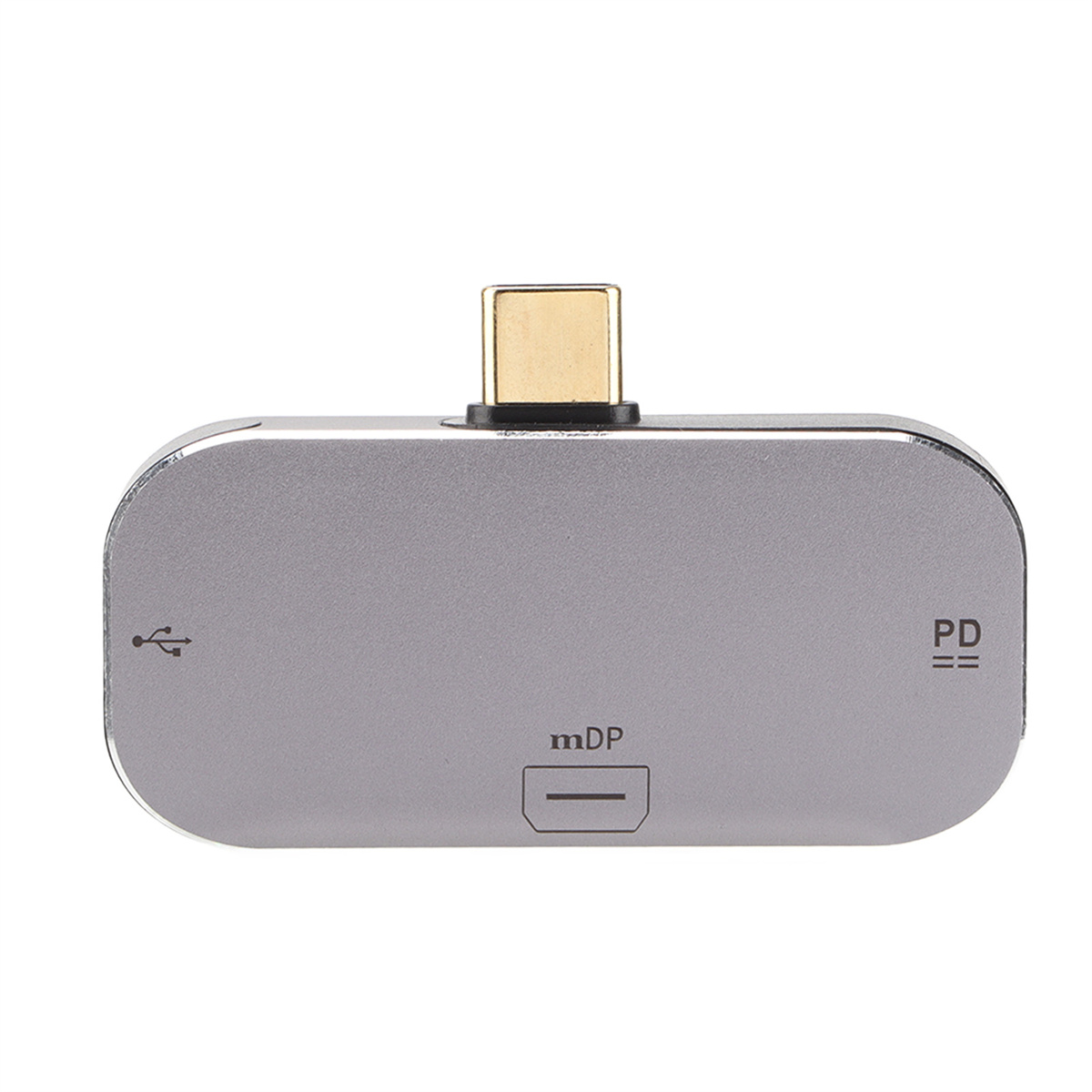 Silberner USB-C-Hub mit mDP-Anschluss und PD-Symbol.