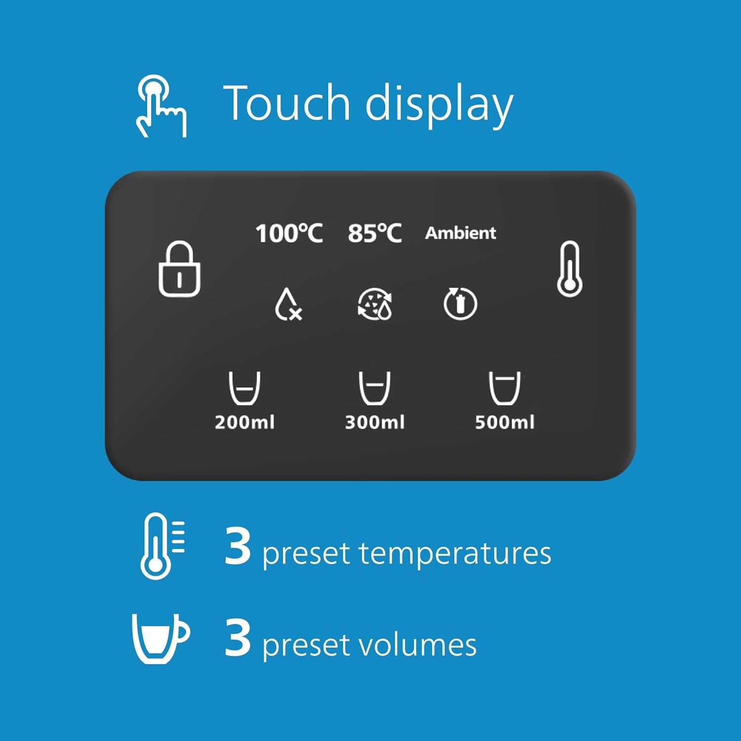 Ein schwarzes Touch-Display mit Symbolen für Temperatur, Volumen und Schloss, mit Text.