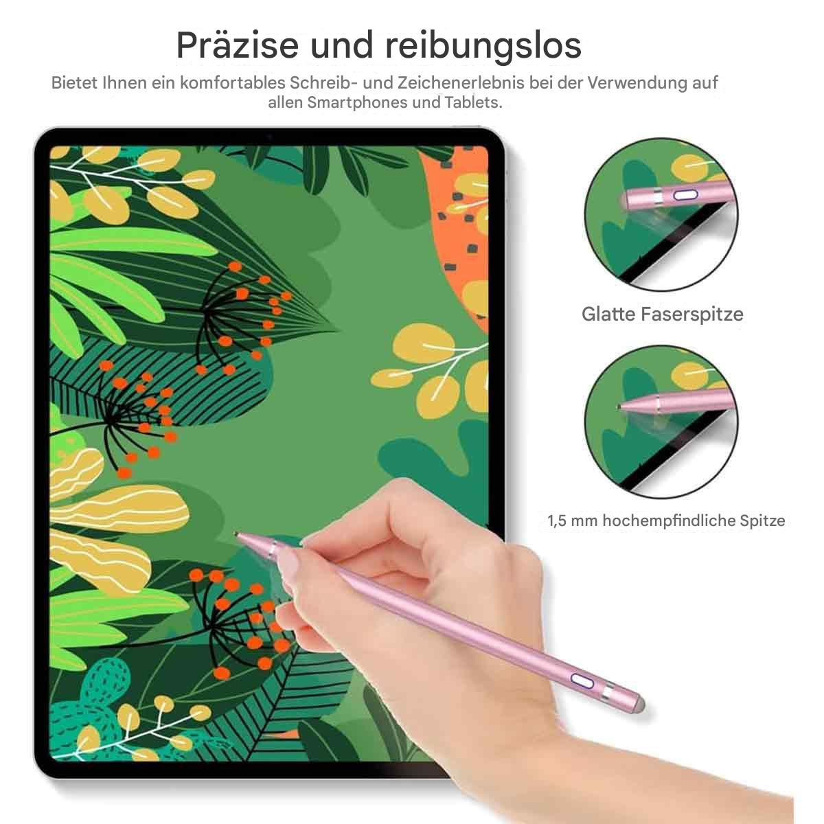 Eine Hand benutzt einen rosa Stift auf einem Tablet mit grünem Hintergrund und Text, auf weißem Grund.