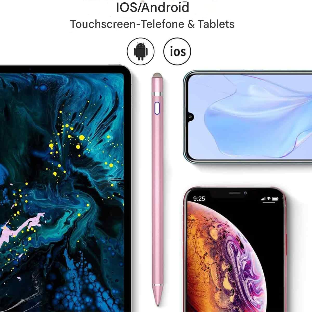 Rosa Stylus-Stift neben einem Tablet und zwei Smartphones. Zeigt iOS- und Android-Logos.