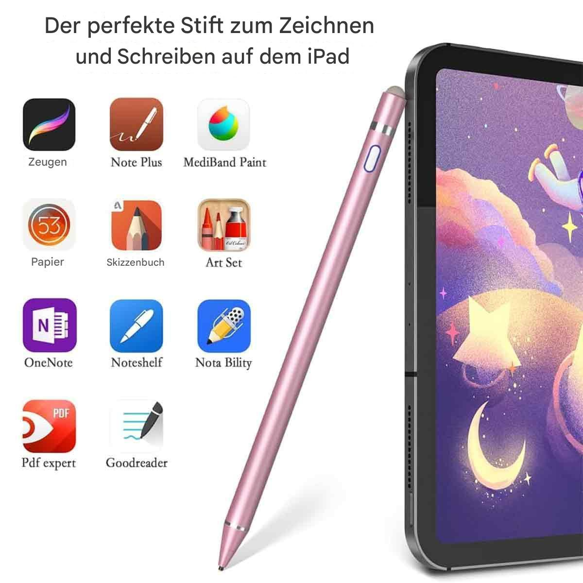 Ein rosa Eingabestift neben einem iPad mit App-Symbolen auf dem Bildschirm.