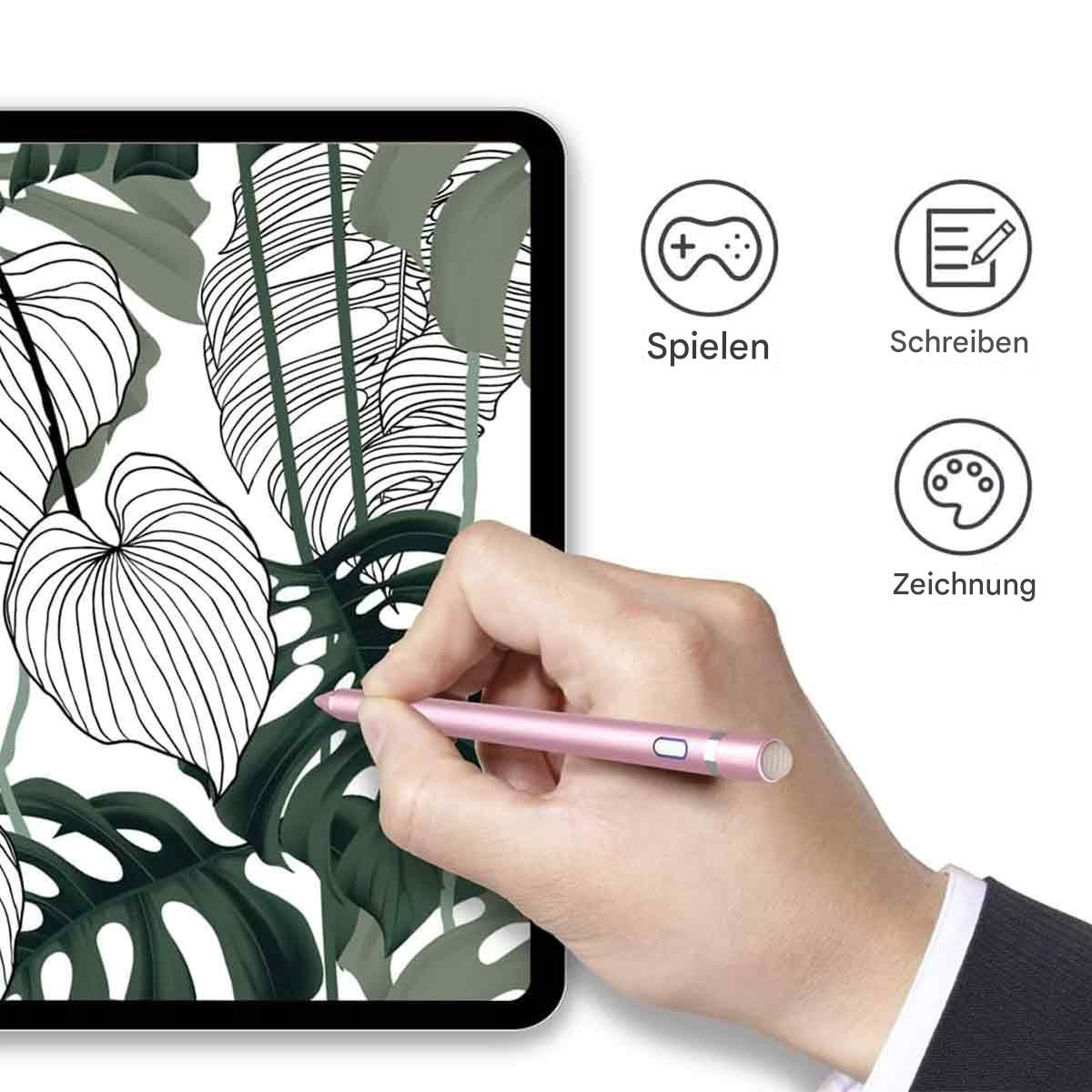 Eine Hand, die einen rosa Stift auf einem Tablet verwendet, mit Zeichen-, Schreib- und Spielsymbolen.