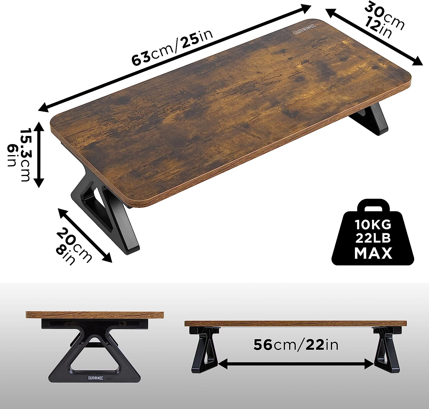 Ein brauner Laptop-Schreibtisch mit schwarzen Beinen, mit Abmessungen und Gewicht.