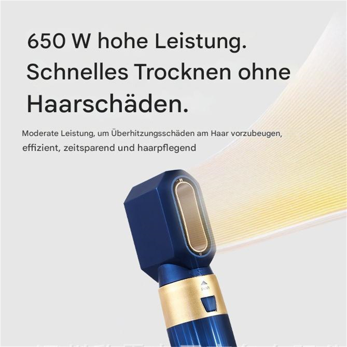 Haartrockner mit Text. Blau und goldfarben. Der Hintergrund ist unscharf.