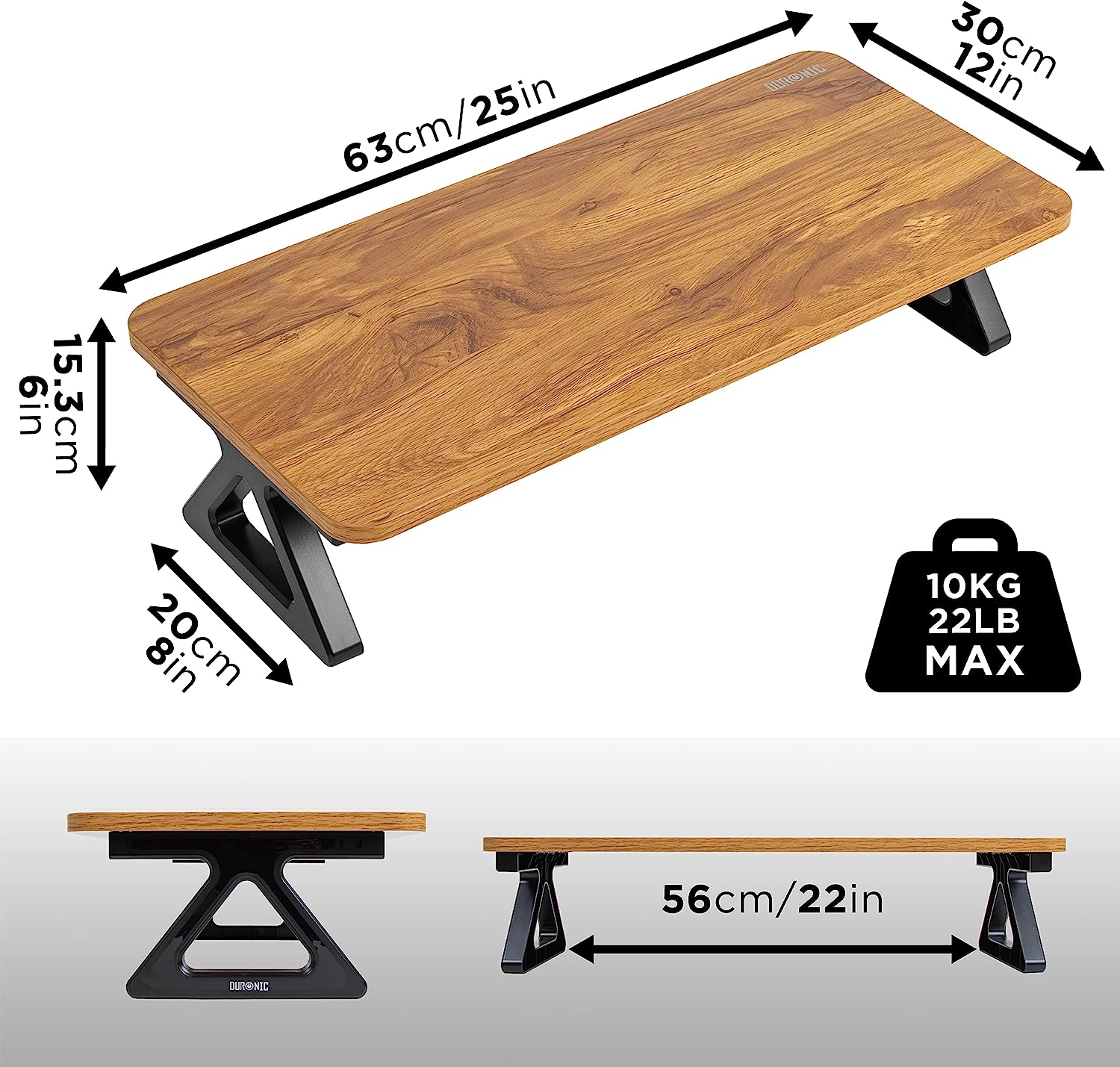 Holzschreibtisch mit schwarzen Beinen. Abmessungen und Maximalgewicht sind angegeben.