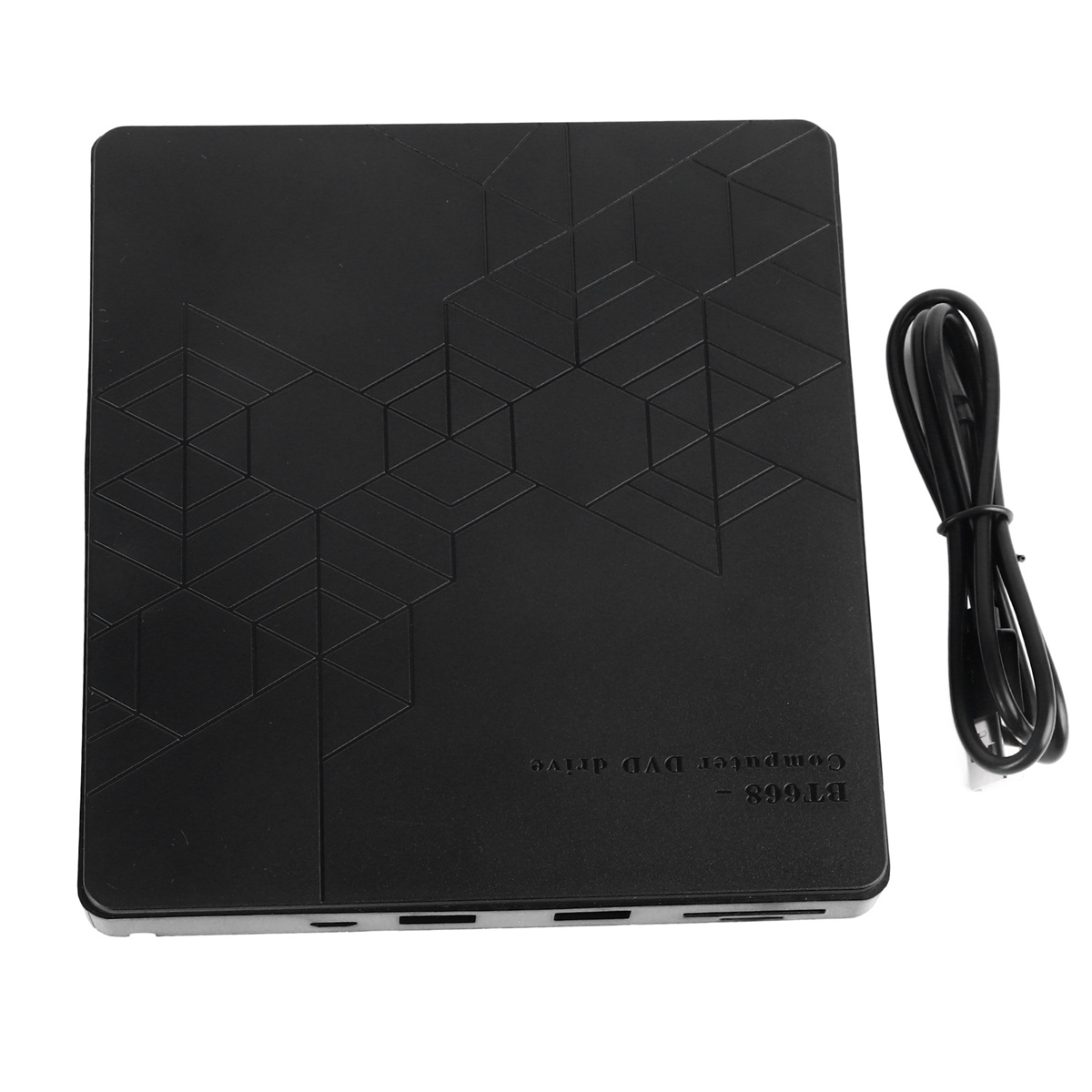 Schwarzes Computer-DVD-Laufwerk mit gemusterter Oberfläche und schwarzem Kabel.