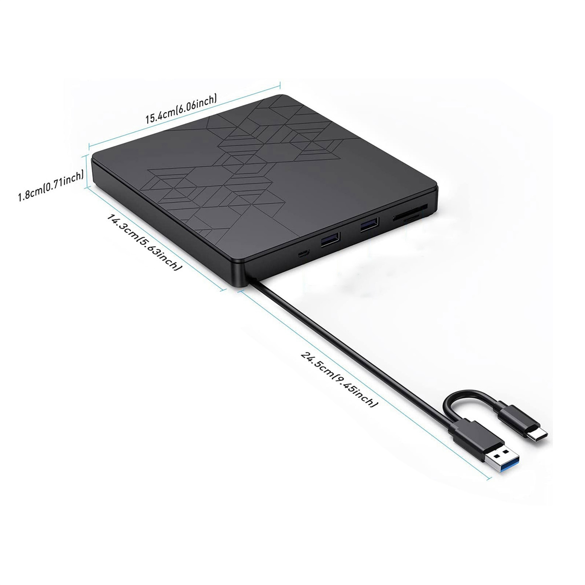 Schwarze externe Festplatte mit Abmessungen: 15,4 cm x 14,3 cm x 1,8 cm. USB- und USB-C-Kabel angeschlossen. Weißer Hintergrund.