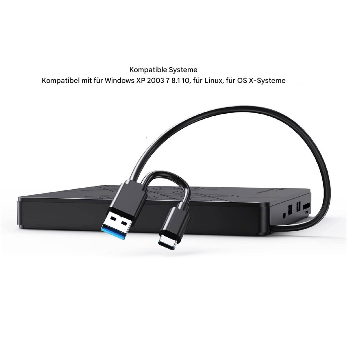 Schwarze externe Festplatte mit USB-Kabel. Text besagt kompatible Systeme: Windows XP, Linux und OS X.