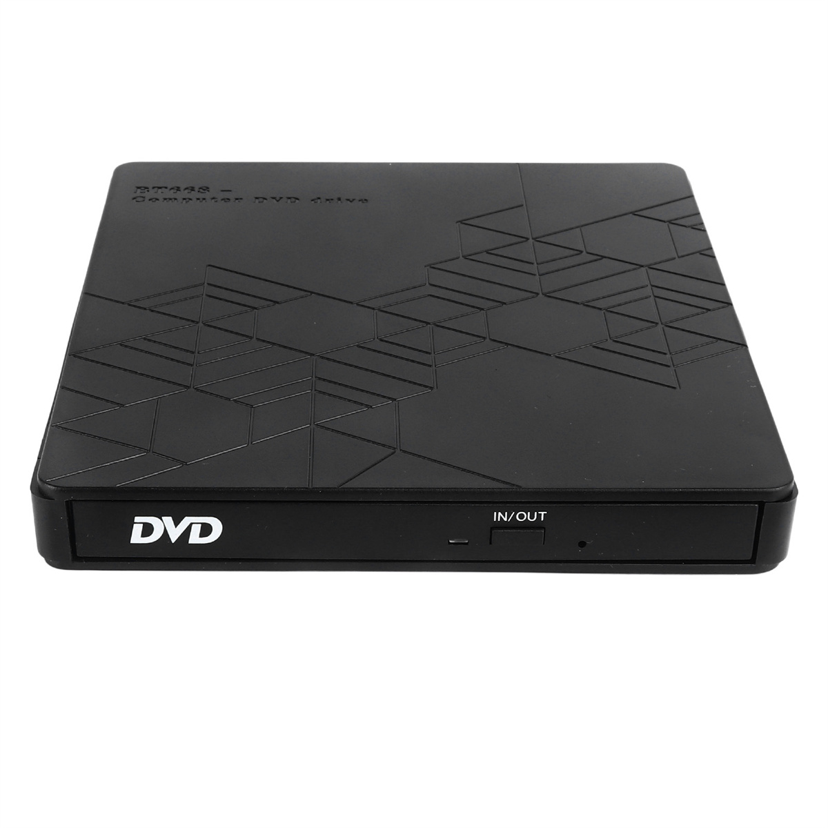 Schwarzes DVD-Laufwerk. Die Oberseite hat ein Muster, und die Vorderseite hat ein DVD-Logo und eine IN/OUT-Taste.