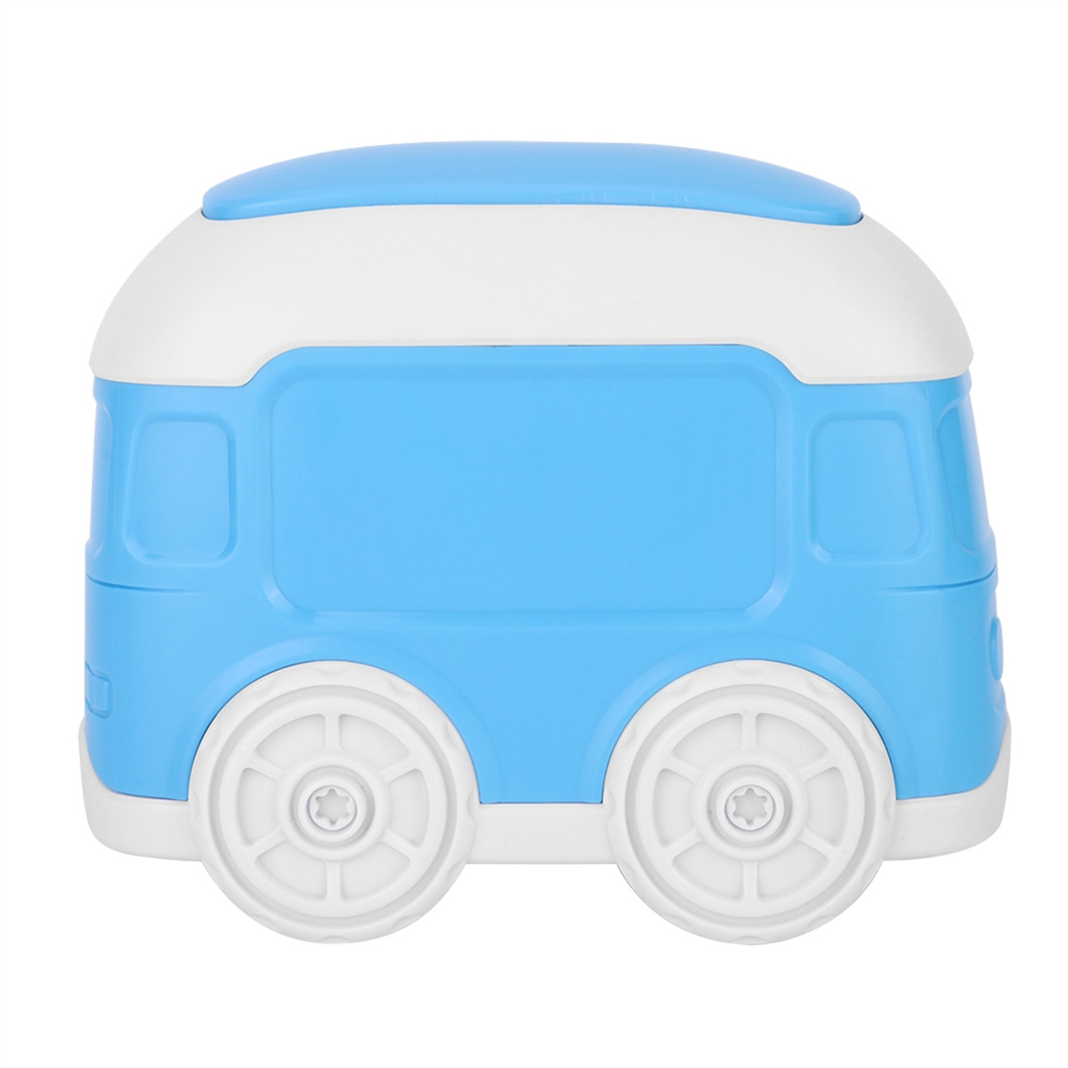 Ein blau-weißer Spielzeugbus, von vorne betrachtet.