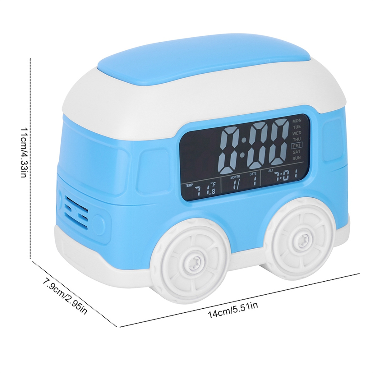 Ein blauer, busförmiger digitaler Wecker mit weißen Rädern. Die angezeigte Zeit ist 7:01 Uhr.