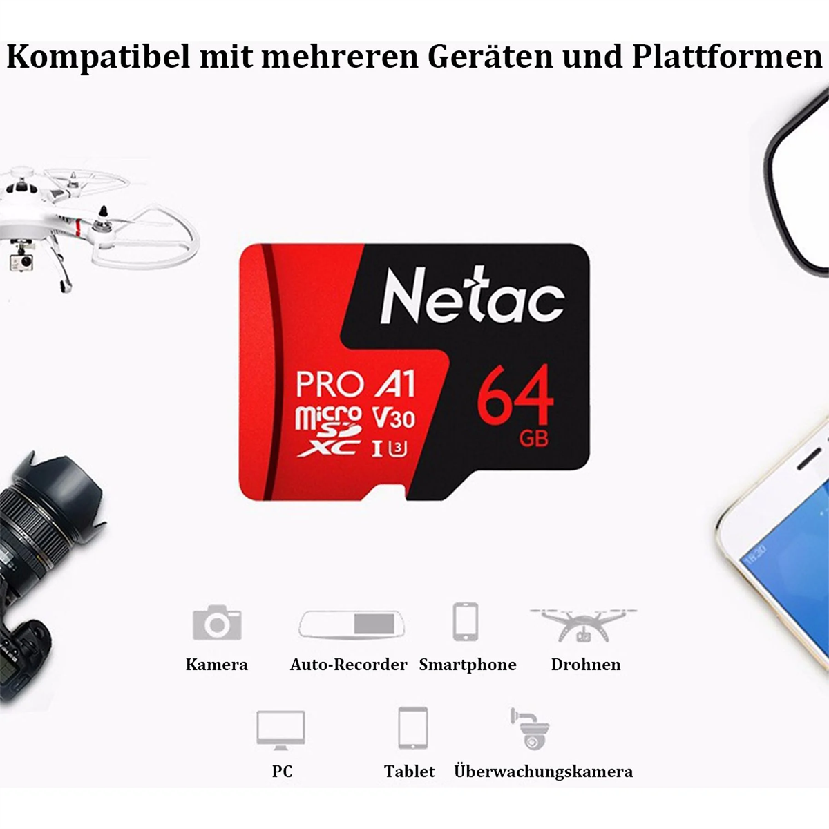 Netac 64GB microSD-Karte mit verschiedenen Geräten: Kamera, Drohne, Smartphone usw.