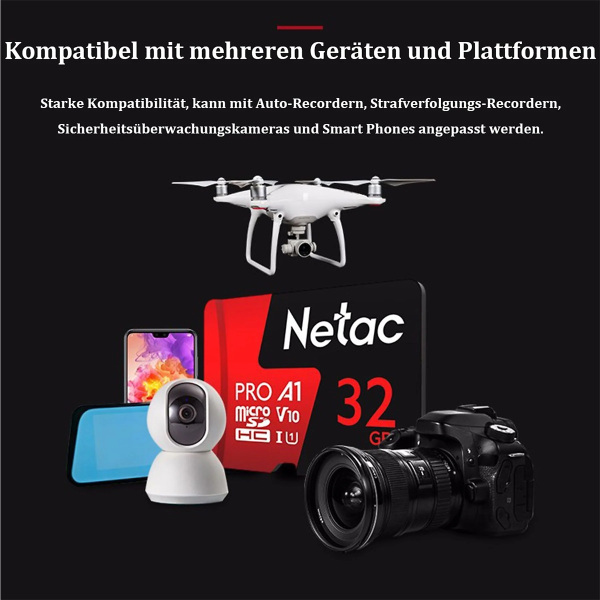 Verschiedene technische Artikel: eine Drohne, eine Kamera, eine Überwachungskamera, ein Smartphone und eine Speicherkarte auf schwarzem Hintergrund.