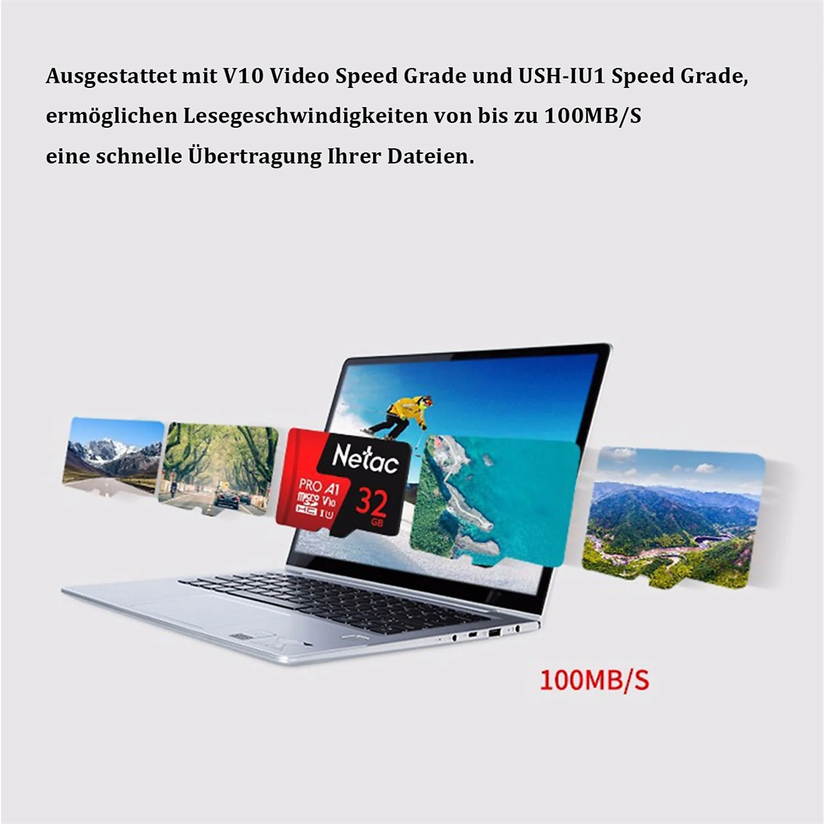 Ein Laptop zeigt Bilder, mit einer Netac SD-Karte. Text: 100MB/S und 32 GB.