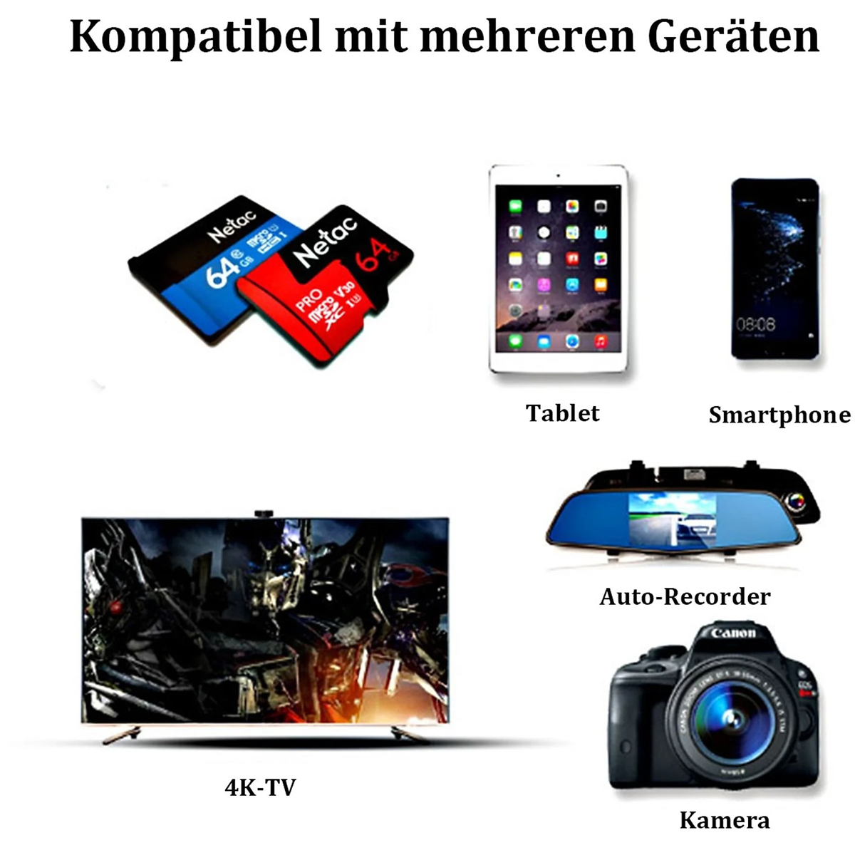 Das Bild zeigt verschiedene Geräte, darunter Tablets, Smartphones und eine Kamera, um die Kompatibilität zu fördern.
